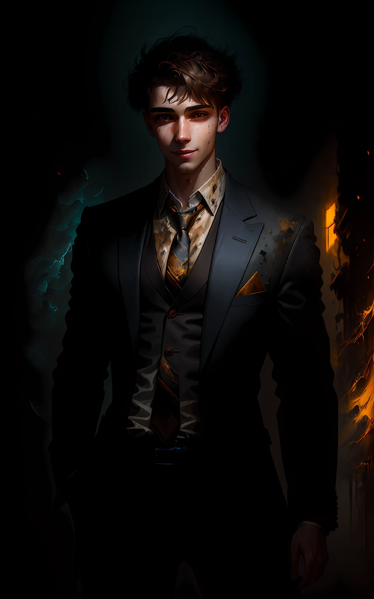mysterious young man with suit, untied tie, sloppy shirt collar, very young, (1930 fashion, seductive smile). He looks down the depth emotions of human connection, reflections insanely detailed matte painting with rough paint strokes and textures, by Pino Daeni, Jeremy Mann, Carne_Griffiths, 16k resolution, oil on canvas, fine art, super dramatic light, sharp focus, emotional, minimalistic background, incoplete, in the style of Mark Demsteader