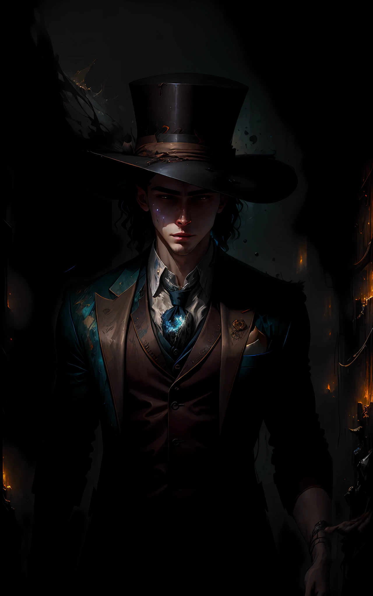 mysterious young man with suit, top hat, vest. He looks down the depth emotions of human connection, reflections insanely detailed matte painting with rough paint strokes and textures, by Pino Daeni, Jeremy Mann, Carne_Griffiths, 16k resolution, oil on canvas, fine art, super dramatic light, sharp focus, emotional