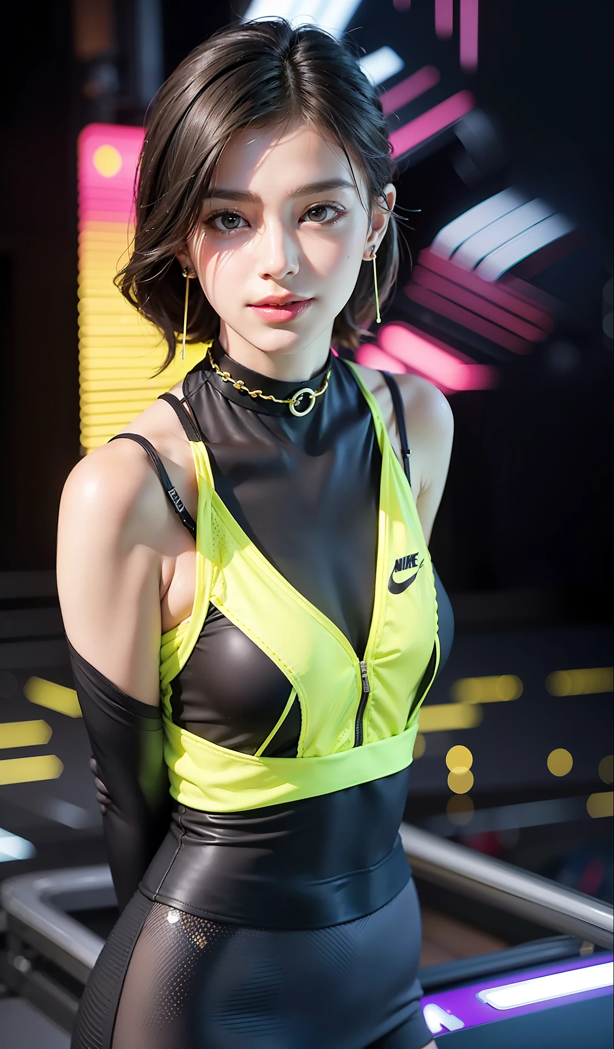 Best quality,Masterpieces,Ultra-high resolution fills the picture,Indoor at night,Neon lights,Yellow color scheme,Bumblebee yellow,hair,black color hair,Black and yellow tights,Black and yellow color scheme clothing,Complex background,Weight instruments in the background,High-tech screen in the background,Lateral face,Smiling,Dress less,There are fitness elements in the rear,nike,Tech gym,Perfect makeup,Beautiful,generous,Love eyes,8K quality,Cyberpunk,Sense of technology,Character backlighting,rim light,Movement changes,Flowing hairstyle,Loose hairstyle,The number of fingers is refined,7 avatar diagrams,Close-up of face,Fairy air fluttering,Flowing luminous stud earrings,Luminous choker,Wear an electronic watch,The most beautiful girl in mankind,Delicate close-up of the face,Realistic image quality,Super light and shadow,Very good figure,Star,meticulous,Wall arrow symbol,Brand sense,English slogan neon,Elevation angle lens,Runway lights,Brand ambassador,Sports endorsement model,
