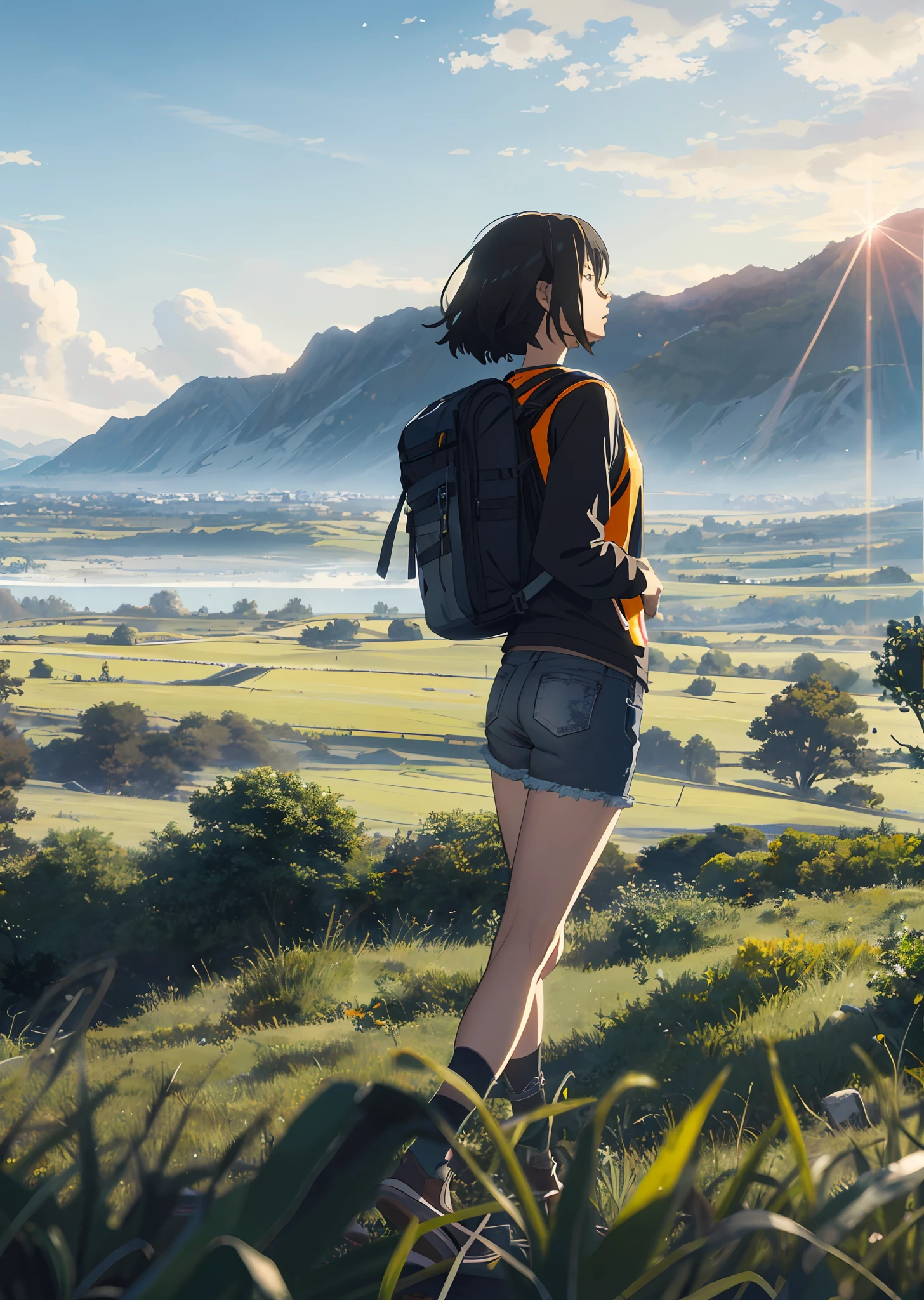 The vast sky, beautiful skyline, large grasslands, extremely tense and dramatic pictures, Miyazaki, moving visuals, hanging North Star, colorful natural light. Long sleeve top denim shorts back backpack girl