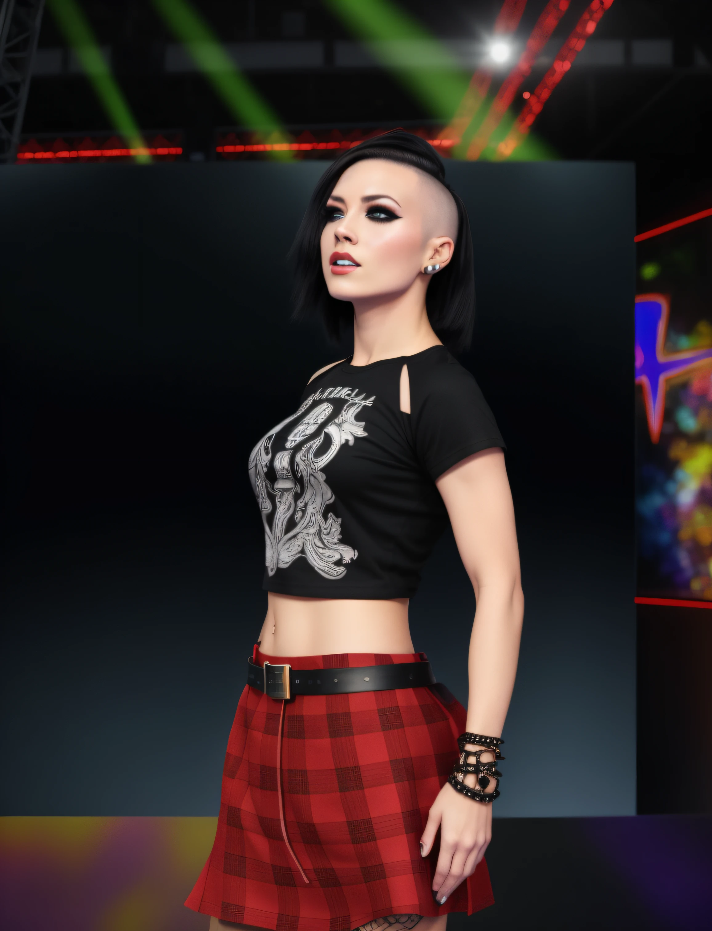Dark haired Caucasian female wrestler with a half-shaved head comb-over punk hairstyle, in black band t-shirt, black rocker bracelet, leather belt, plaid mini-skirt, eye-shadow, photo realistic, intricate details