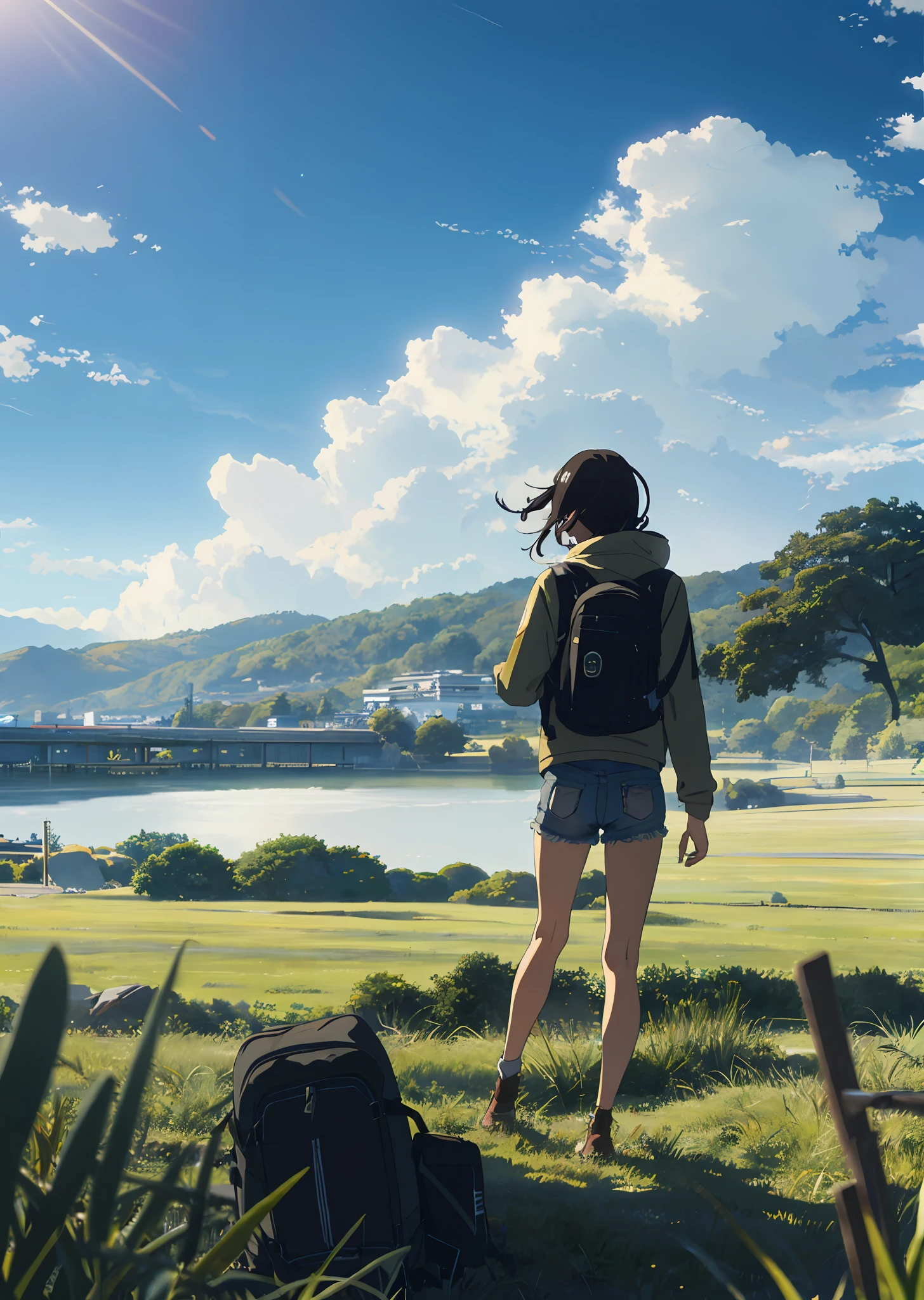 The vast sky, beautiful skyline, large grasslands, extremely tense and dramatic pictures, Miyazaki, moving visuals, hanging North Star, colorful natural light. Long sleeve top denim shorts back backpack girl