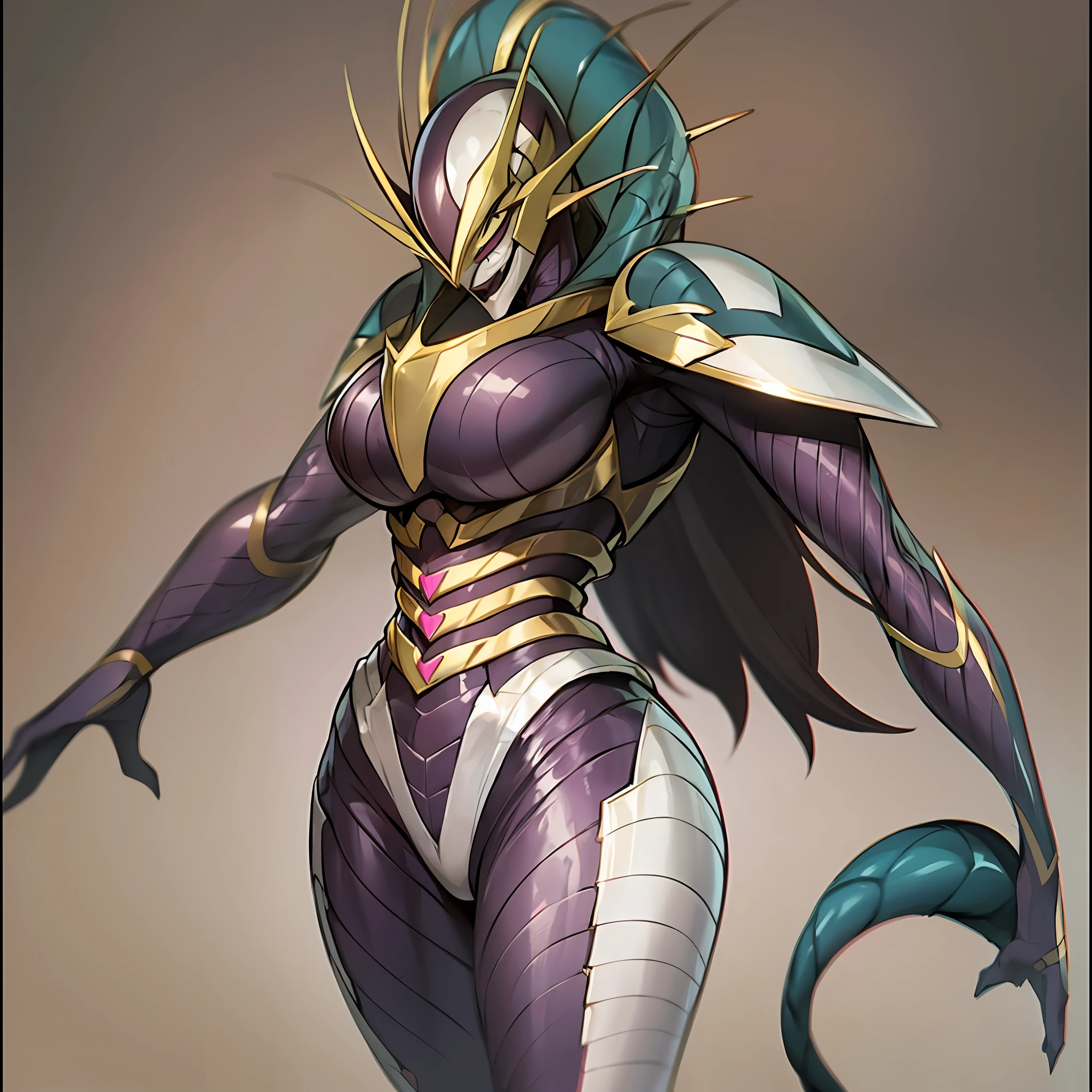 Hot insect crustacean woman, Guyver style, evil smile, scaraber reploid, bellows tail, cel shade adult animation, alien queen,
