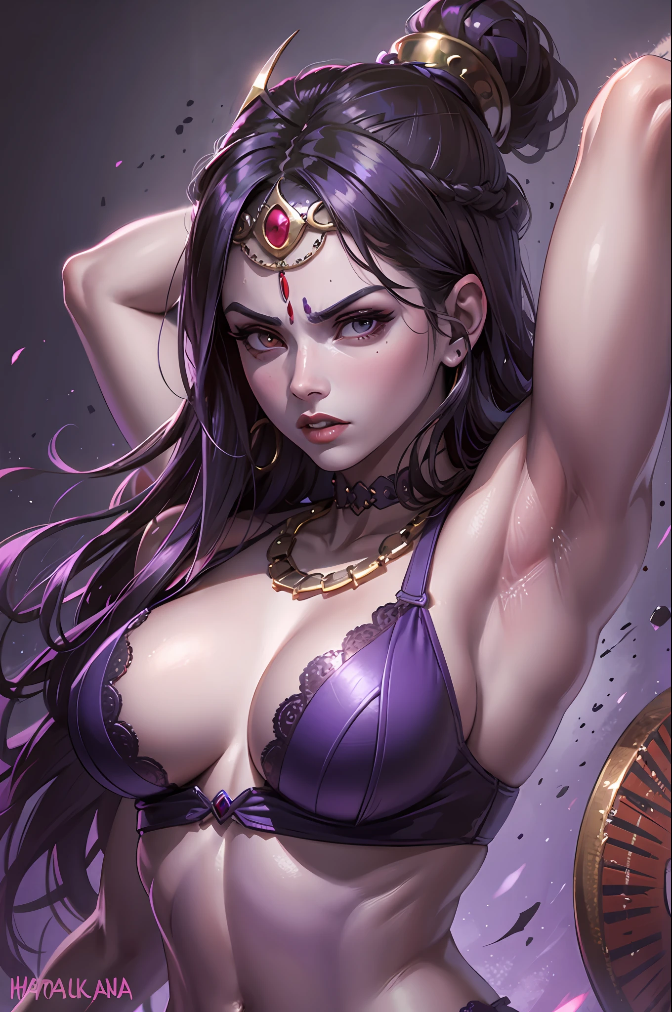 Goddess Kali, muscular body, purple skin, Aggressive pose, very cute face, angry face, hyper realistic photo, clothing details