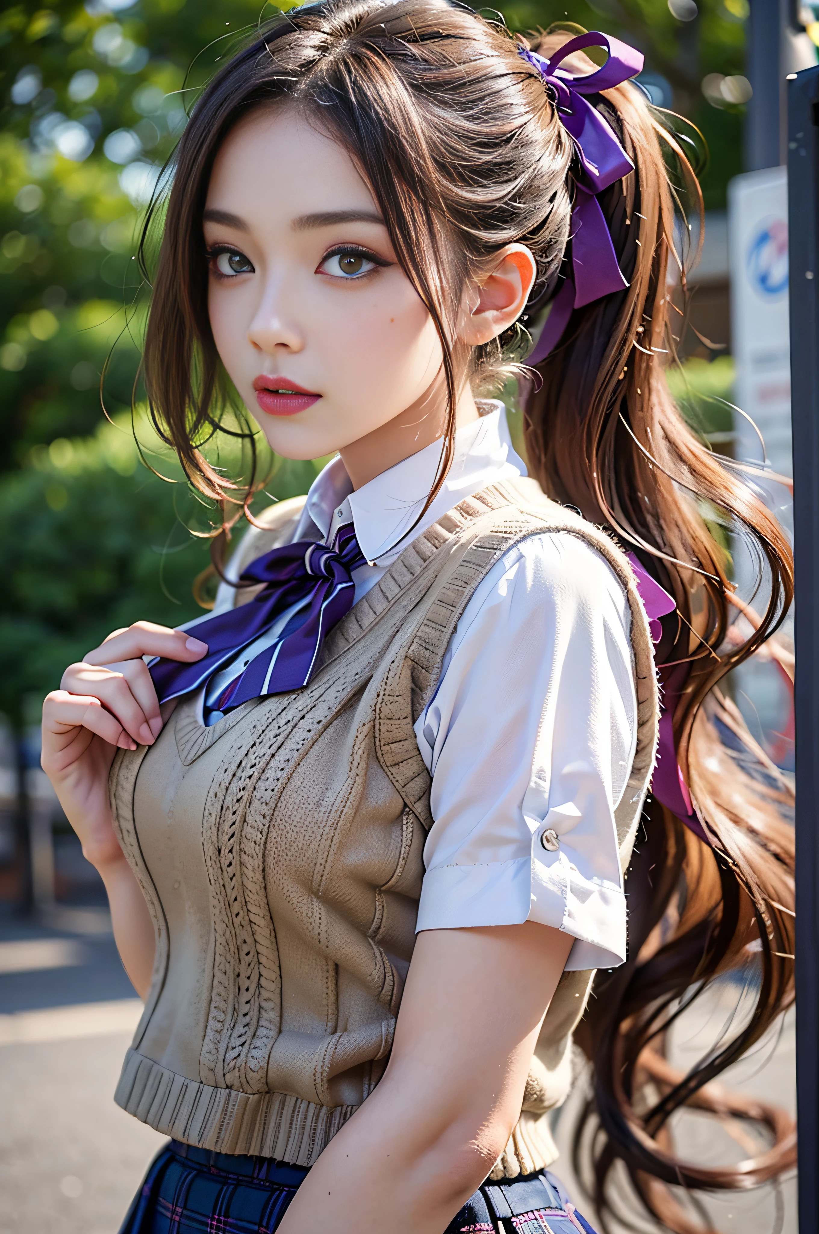 masterpiece, (best quality), 1woman,1girl ,1boy,,kawakami_mai,    blonde hair,  long hair, side ponytail,  purple eyes, sweater vest, school uniform ,   skirt, large breasts,ribbon, hair ribbon, mole under eye,sexy woman, embarrassed,blush,    vibrant colors ,,natural lighting  ,RTX,  , beautiful, (detailed face:1.2), showcase, (perfect eyes:1.1) ,(photorealistic:1.1), 8k uhd,  looking at viewer, outdoors,  simple backround
