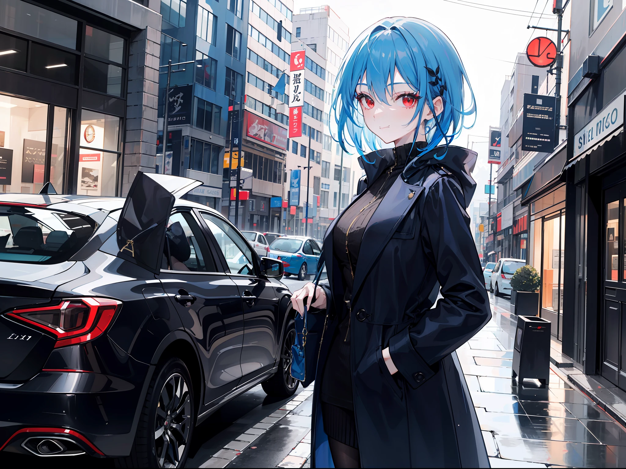 "Generate an image of a sophisticated adult female character with, vibrant blue hair that is tied up is short and looks very elegant and captivating calm red eyes. She exudes an elegant aura, dressed in a pristine black coat. The time is midnight, she stood up outside gallery art and smiled mischievously while waiting her car"