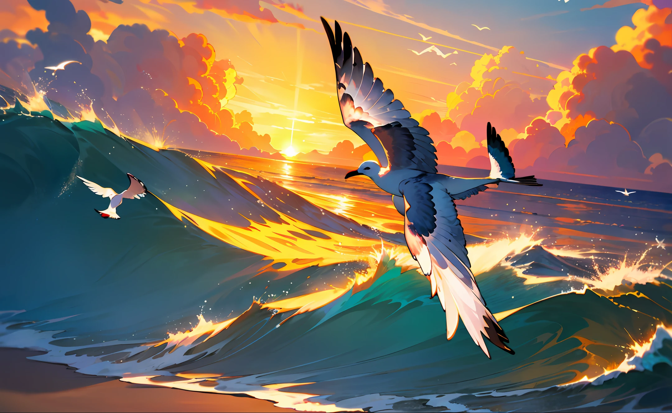 ocean，Seagulls in the sky，dusk，clouds，The golden sun rises in the distance，Waves of water，seagull，Modern tall house in the distance