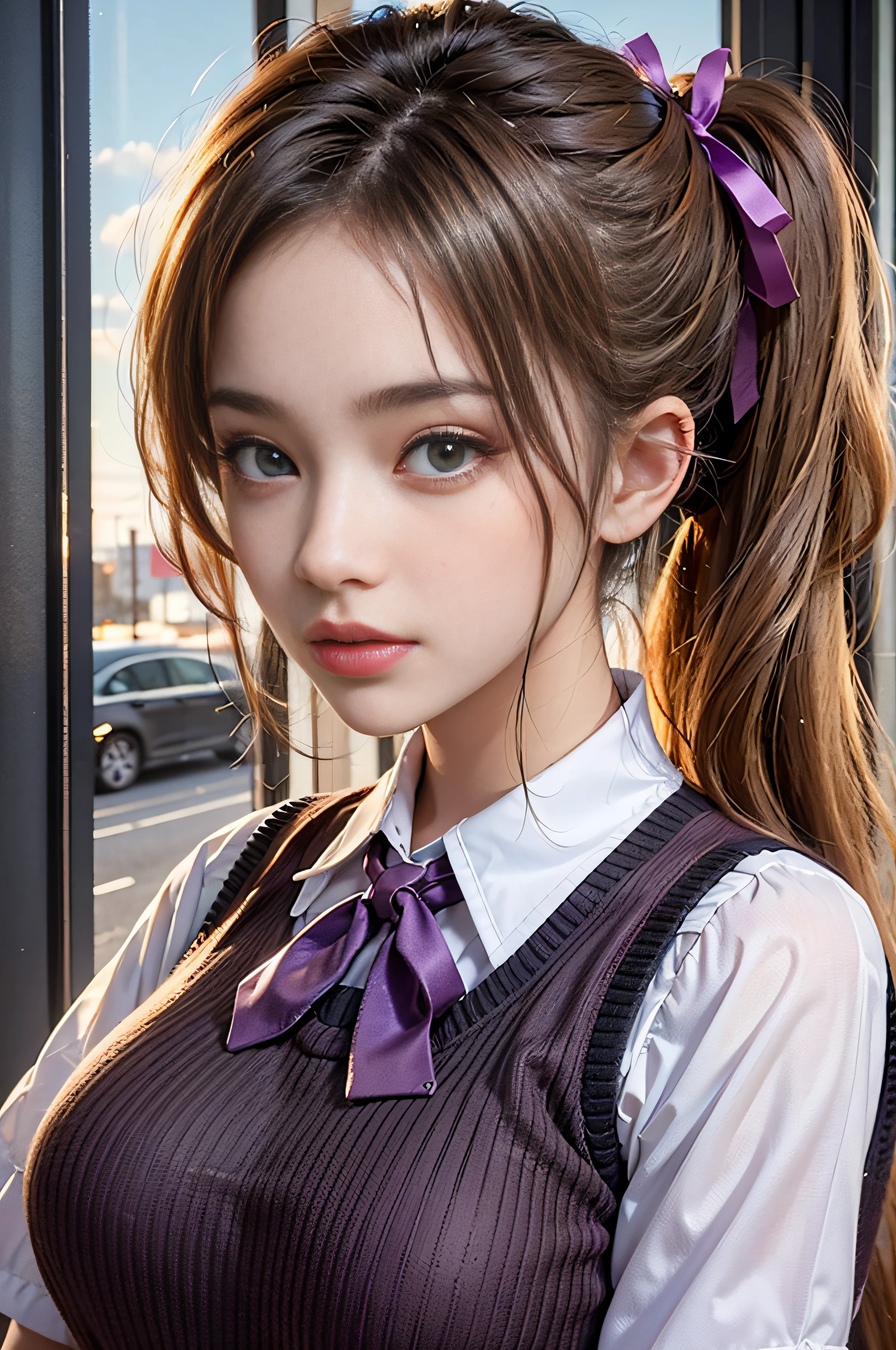 masterpiece, (best quality), 1woman,1girl ,1boy,,kawakami_mai,    blonde hair,  long hair, side ponytail,  purple eyes, sweater vest, school uniform ,   skirt, large breasts,ribbon, hair ribbon, mole under eye,sexy woman, embarrassed,blush,    vibrant colors ,,natural lighting  ,RTX,  , beautiful, (detailed face:1.2), showcase, (perfect eyes:1.1) ,(photorealistic:1.1), 8k uhd,  looking at viewer, outdoors,  simple backround