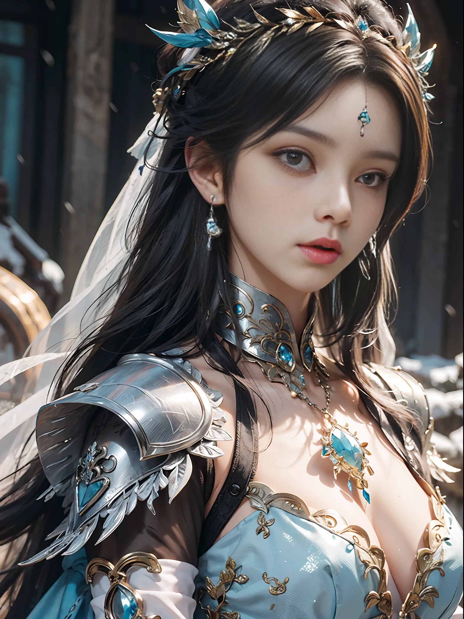 Close-up of a woman in a silver blue dress, Cheng Weipan Art Station, Xiuxian Technology Sense, Ice and Snow Beauty, Gauze Sleeves, Detailed Fantasy Art, Stunning Character Art, Epic Exquisite Character Art, Beautiful Armor, Extremely Detailed Art Sprout, Detailed Digital Animation Art, Art Station Pixiv on Artgerm, Armor Girl, Exquisite Intricate Headdress and Jewelry
