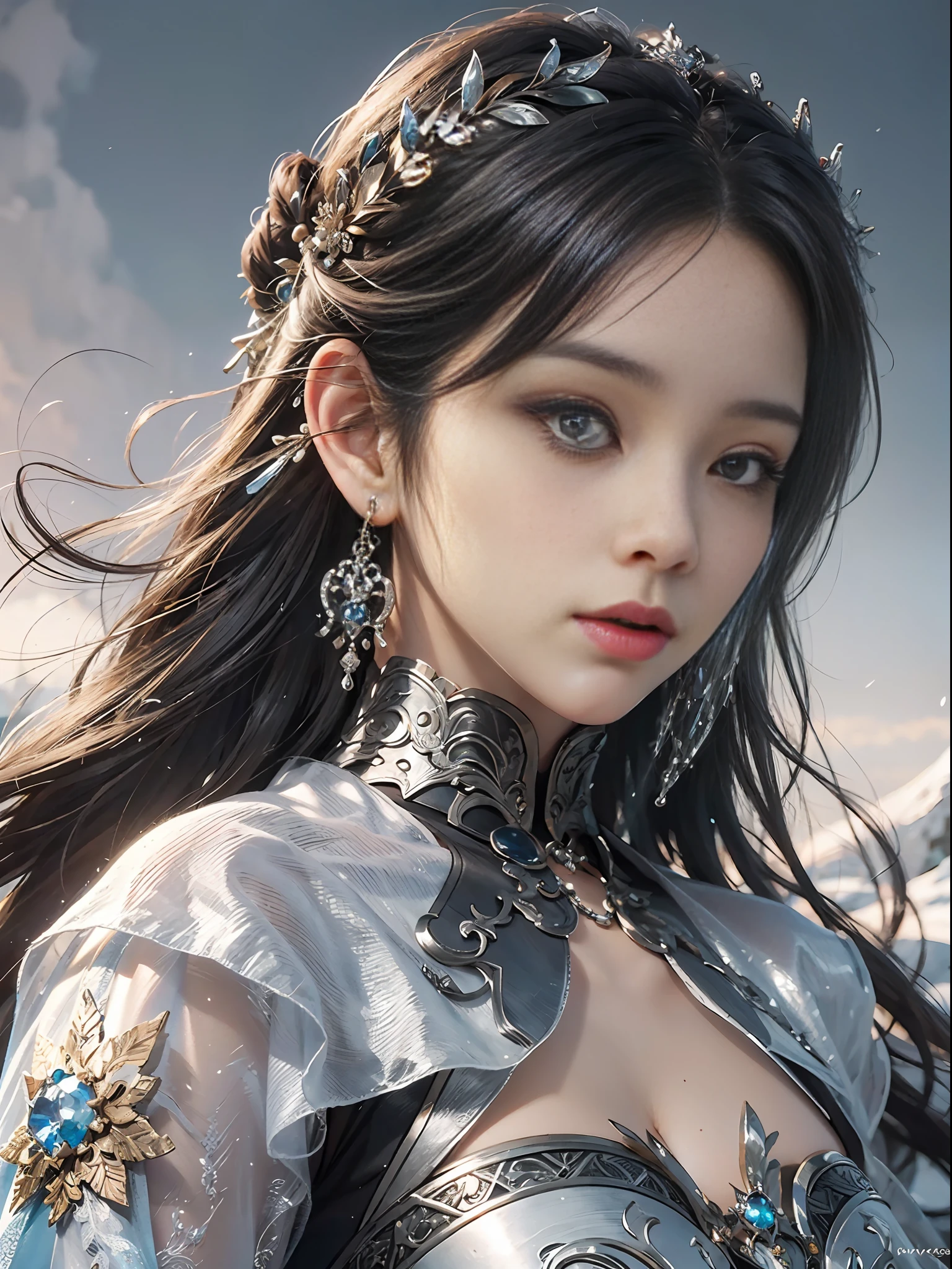Close-up of a woman in a silver blue dress, Cheng Weipan Art Station, Xiuxian Technology Sense, Ice and Snow Beauty, Gauze Sleeves, Detailed Fantasy Art, Stunning Character Art, Epic Exquisite Character Art, Beautiful Armor, Extremely Detailed Art Sprout, Detailed Digital Animation Art, Art Station Pixiv on Artgerm, Armor Girl, Exquisite Intricate Headdress and Jewelry
