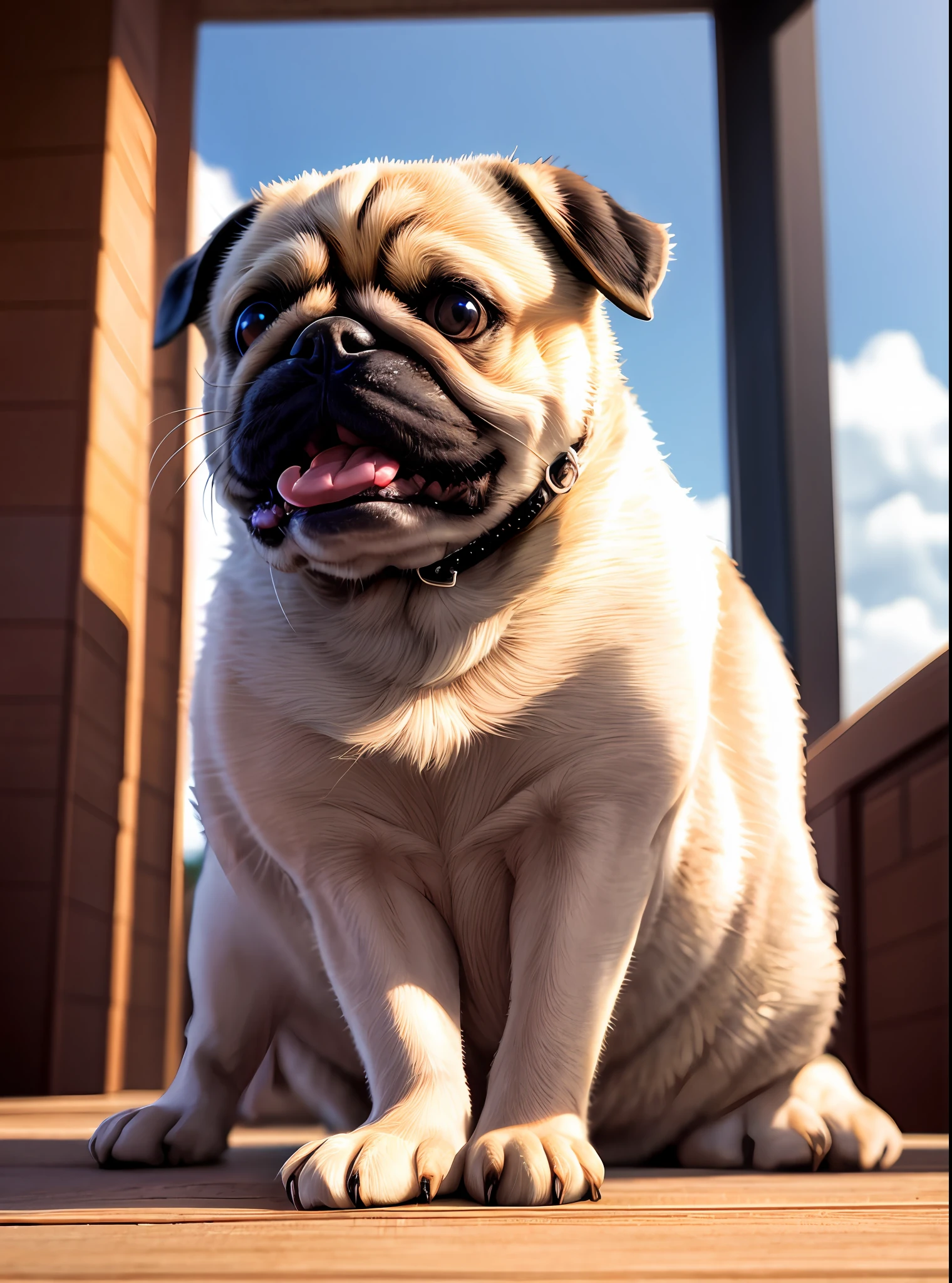 Pug, fotorrealista, 8k, sabre de luz, preto, fundo branco, paisagem