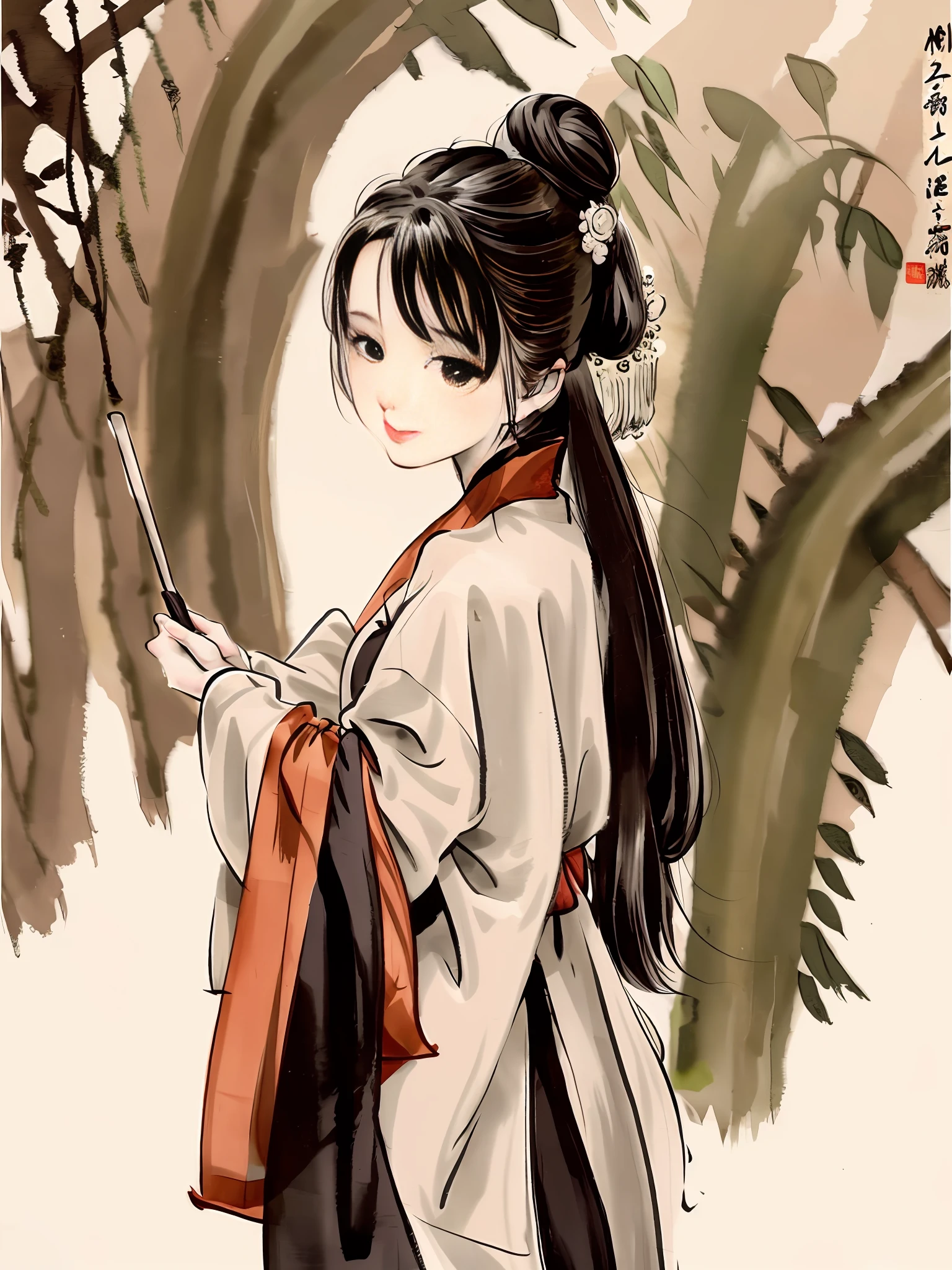 (Masterpiece, best quality: 1.2), traditional Chinese ink painting, 1 woman, standing, looking back, hanfu, willow branch, (smiling), looking at the viewer,