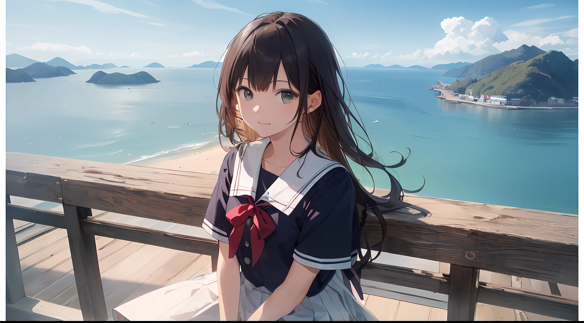 (best-quality:1.5)、(super-detailed:1.5)、(Highest quality photos:1.5)、Japan girl、Very cute、seaside、horizon、Summer sky、Beautiful scenery、Islands in the Seto Inland Sea、solo、Beautiful girl staring at the horizon、