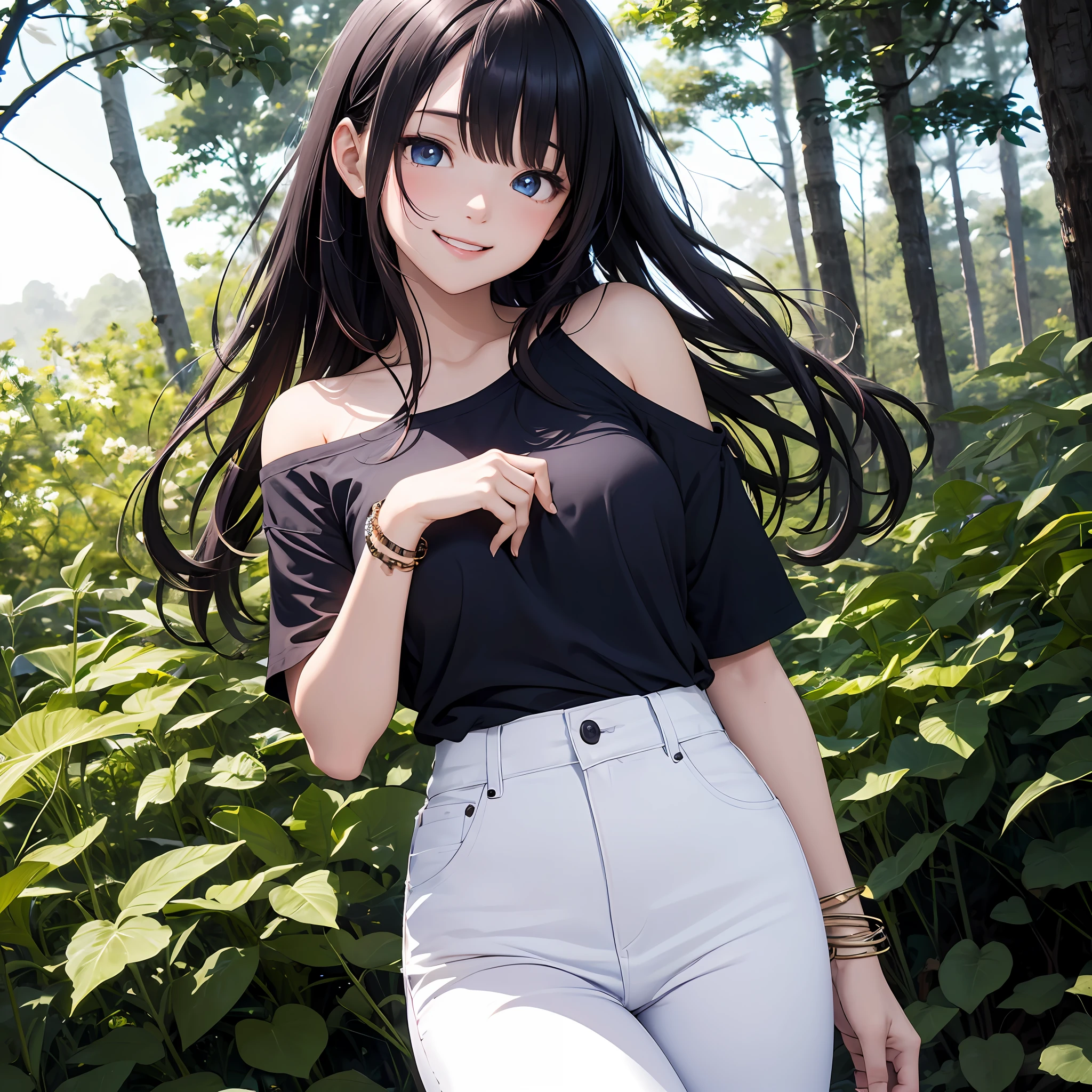 standing pretty girl, (1girl:1.3), bangs, absurdres, bracelet, bare shoulders, ( black t-shirts + white parka +dark navy jeans),ultra detailed, Blue eyes,slender, masterful technique, joints, long hair, animetic, solo, Dark hair, high quality, masterpiece,detailed dimly lit forest、Gray sky、mist、(lovely large breasts + wide hip),[wide hip] Put your hands in your pockets ,smile with teeth, ((smile with eyes, open both eyes)),beautiful girl, detail face, detail hands, ultra detail eyes,sexy facial expression,around fresh nature and vivid flowers. --auto