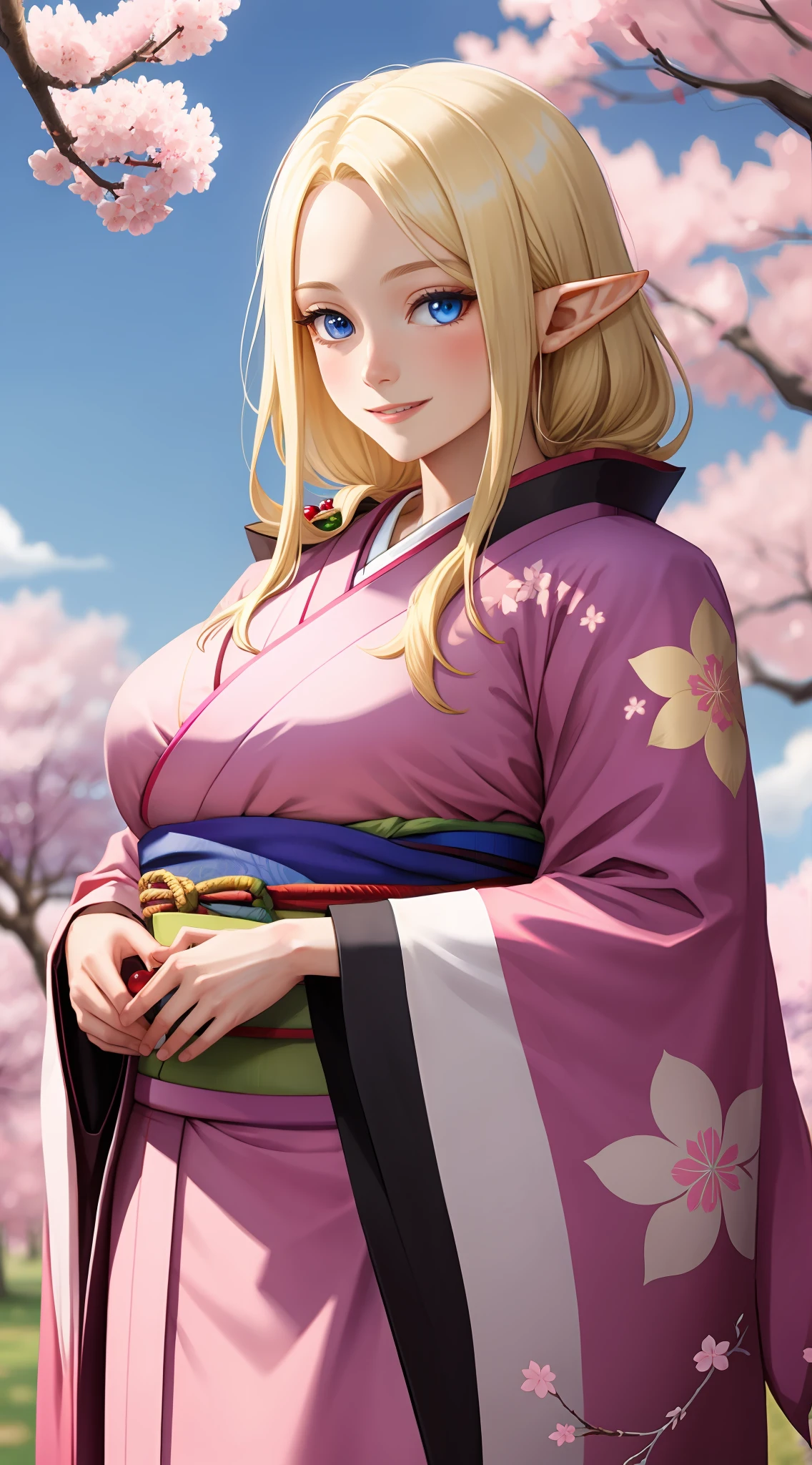 An elf with a large body, long straight yellowish hair, blue eyes, a friendly expression, dressed in a pink kimono, on a Cherry blossom background.
