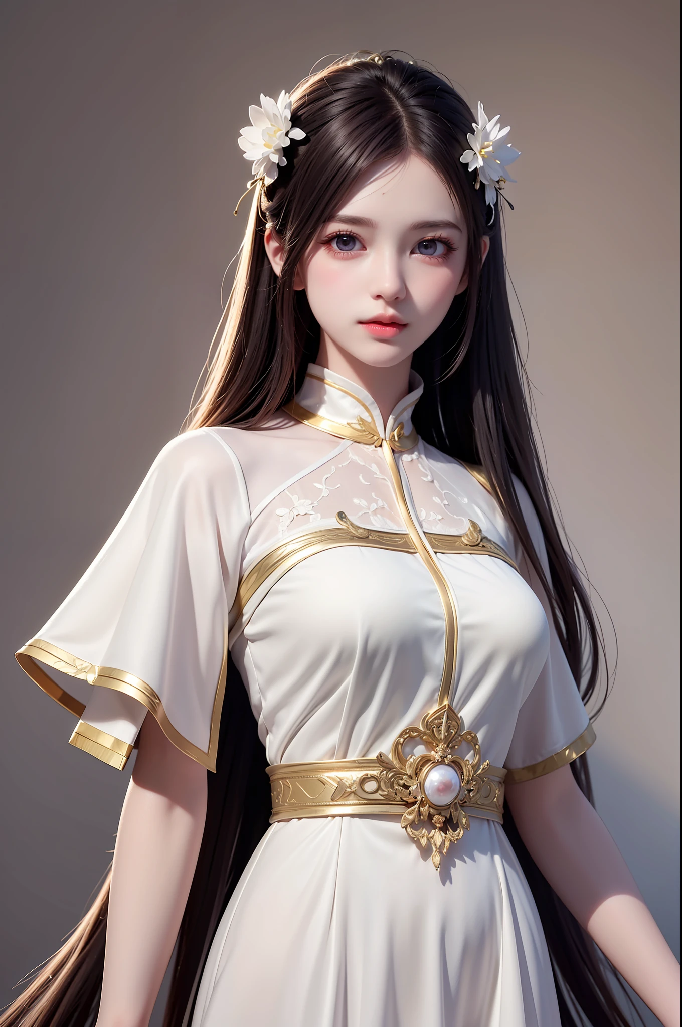 ((Masterpiece))), ((Best Quality))), ((Ultra Detail)), (Ultra Realistic), (High Definition CG Illustration), Cinematic Light, Photorealistic,Very Beautiful Lady,12 Year Old Daughter, Light Makeup, Intricate Details EABA, White Intricate Cloak, Dynamic Pose, Spear