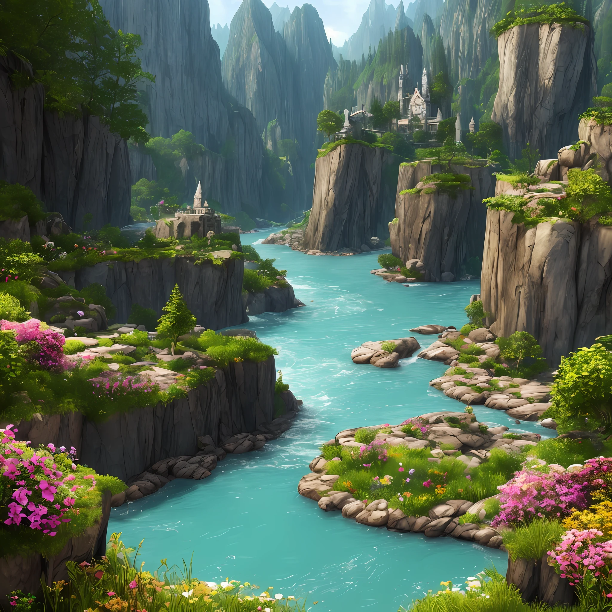 create an image of beautiful elegant wonderful wizard tower located at the edge of the cliff, the cliff is extremely high, there is a river lying down at the very deep of the cliff, enchanted environment, beautiful and varieties of flowers with different colours, magical theme, highly detailed, unreal engine, masterpiece, 8k resolution --auto