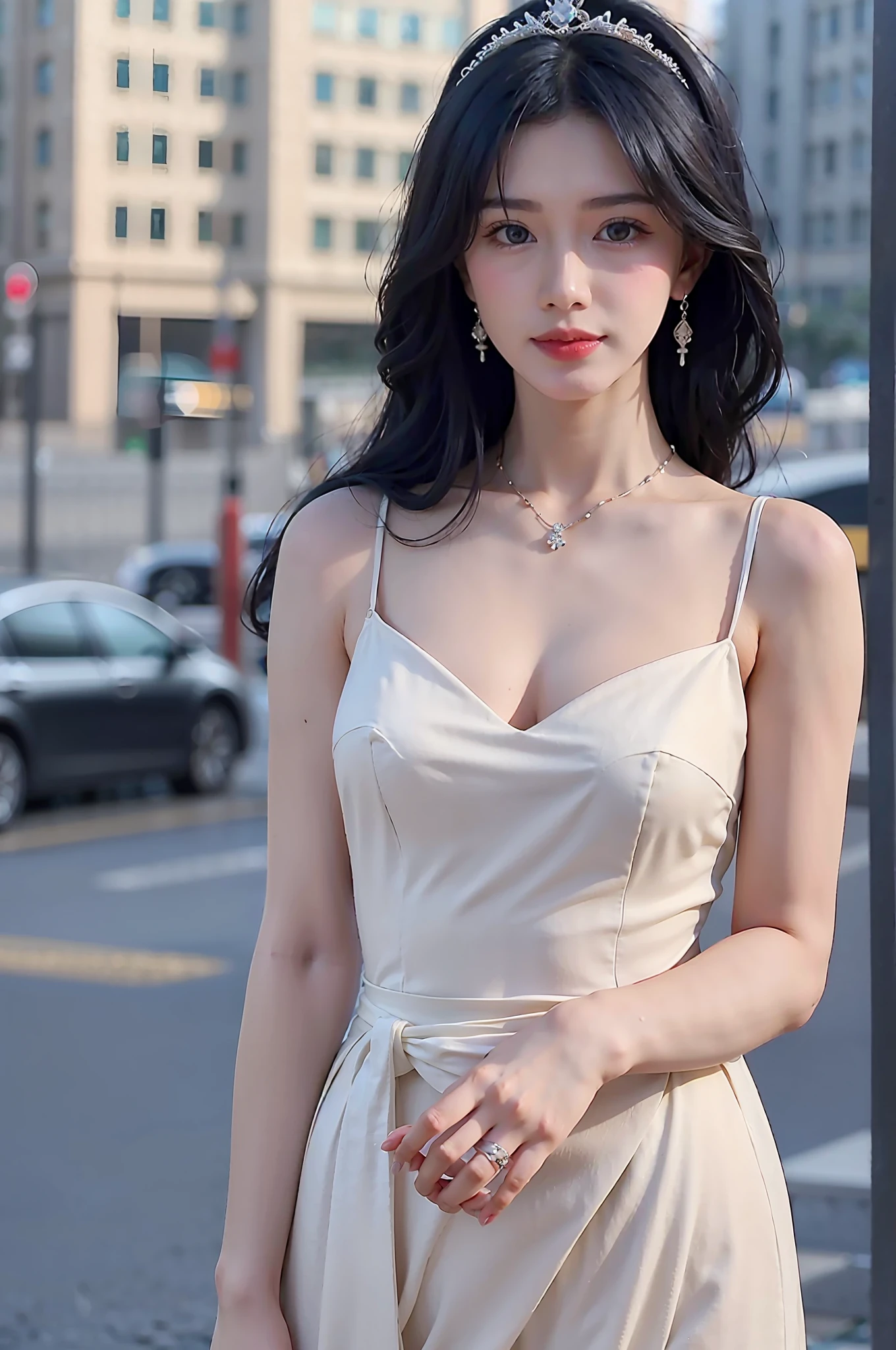 araffe woman in a white dress standing on a city street, gorgeous chinese model, Gorgeous young Korean woman, wearing an elegant dress, Lovely woman, Beautiful Korean Woman, sexy dress, Beautiful young Korean woman, pale milky white porcelain skin, white silky outfit, beautiful asian girl, Chinese girl, cute elegant pose, hot with shining sun, korean women's fashion model