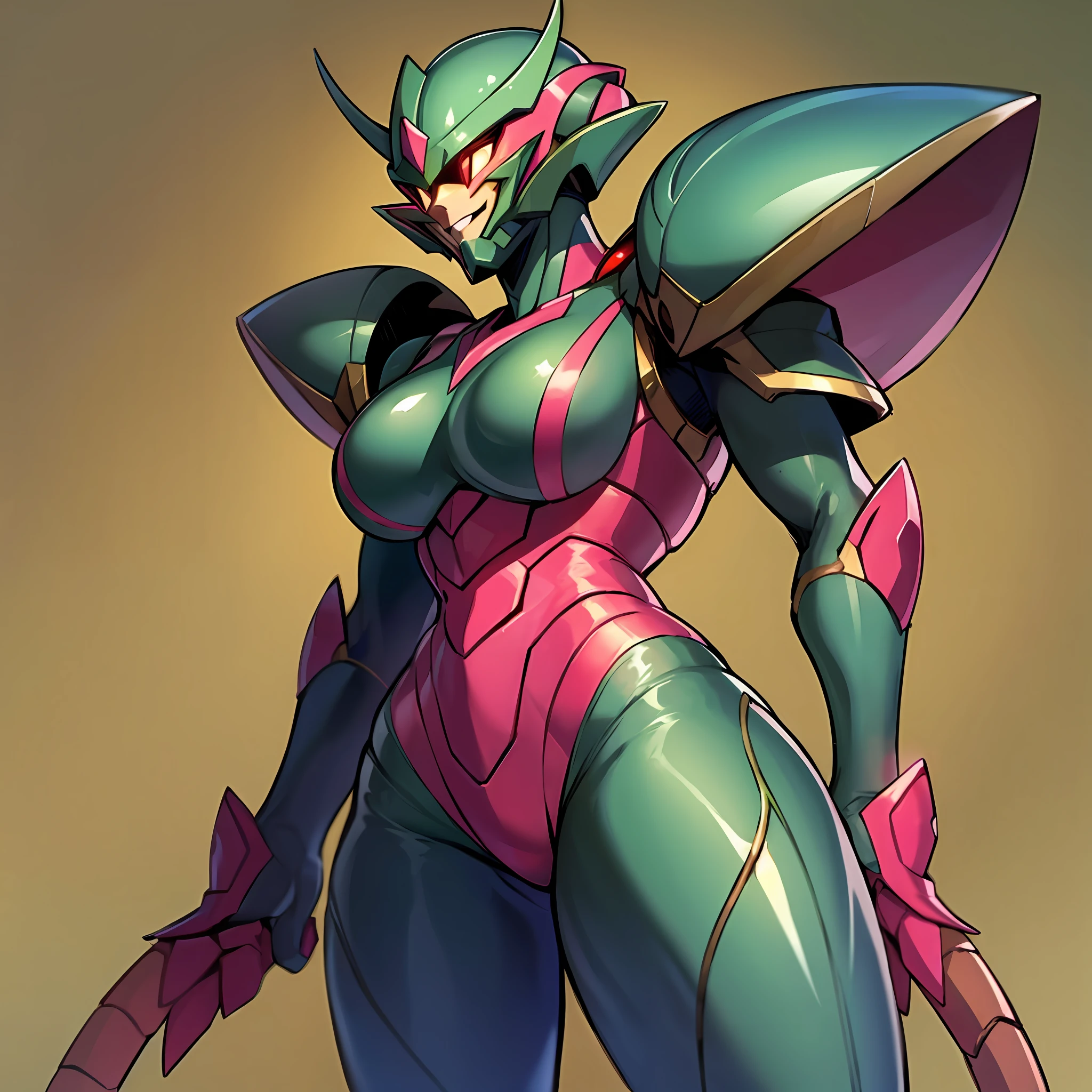 Hot insect crustacean woman in shell, Guyver style, evil smile, scaraber reploid, tail, cel shade adult animation, metroid suit