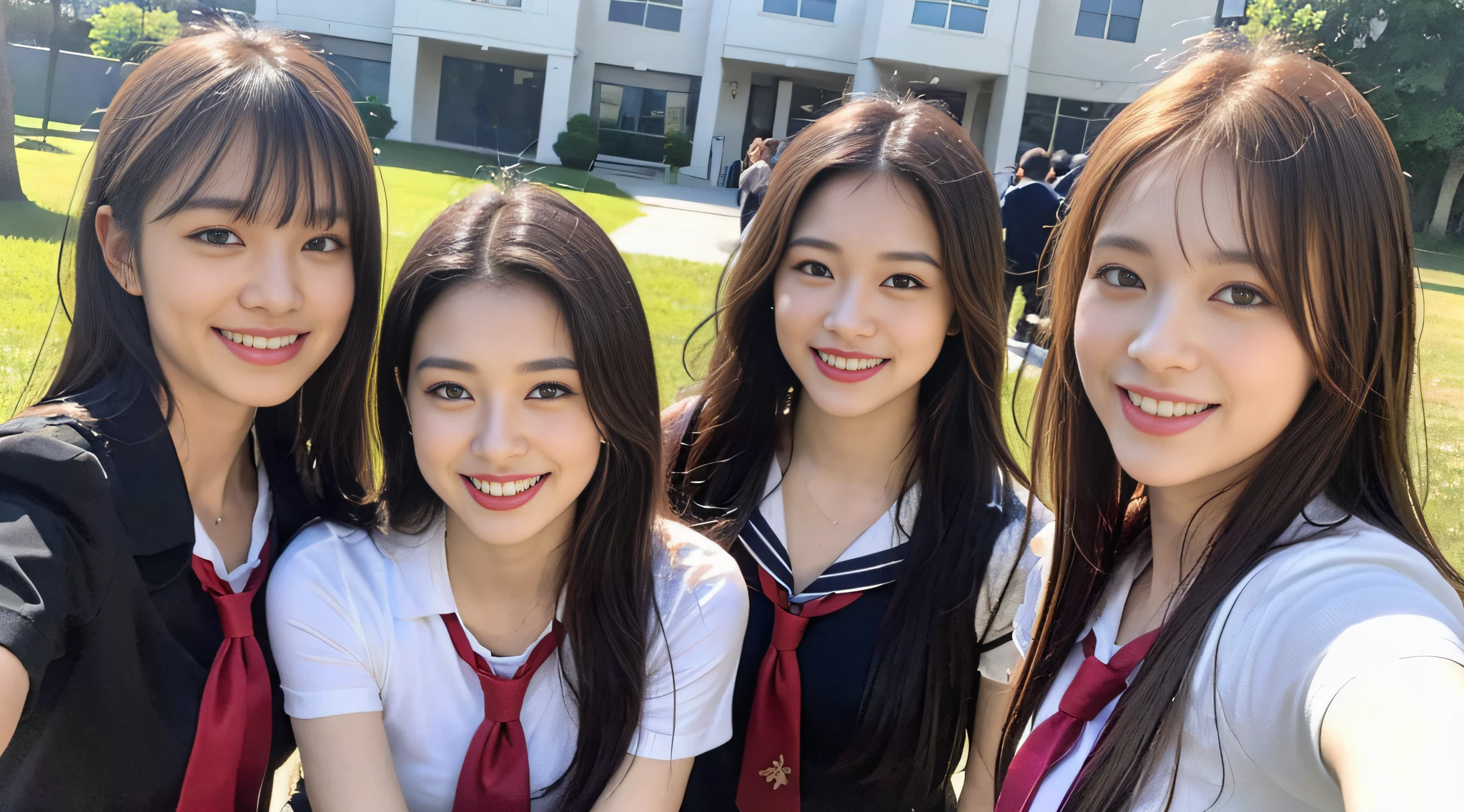 (8K、RAW Photography、best-quality、master masterpiece:1.2)、from above view、Camera from above、Camera angle from above、I'm looking at this with upward eyes、High-quality images taken with a camera from above、super-detailed、Super Resolution、(Real、real pictures:1.37)、High school girl in sailor suit frolicking at the water's edge、Full Body Shot、full body picture、High-resolution RAW color photos、professional photo、Sun Beach、Atmospheric scenery、Very detailed and beautiful、Ultra-high image quality、8k wallpaper、Amazing details、、Very detailed beautiful girl、Very detailed face Very detailed eyes、Very realistic skin、 Highly detailed fingers, Very detailed nose, Highly detailed mouth, Perfect anatomy, extremely detailed background, Highly detailed clothing, Teen, cute little girl, Idols of famous Japan, cuddly, Realistic body, Slender, white-skinned, Glowing skin, Slim body,  Long straight hair, (blunt bangs:1.2),  Realistic Face, delicate eye, Double eyelidd,、Red tie、Pink eye shadow schoolgirl youth　Celebrity-level cuteness　Frolicking with multiple high school girls　Looks fun　A figure full of smiles、Arms open、Adorable smile
