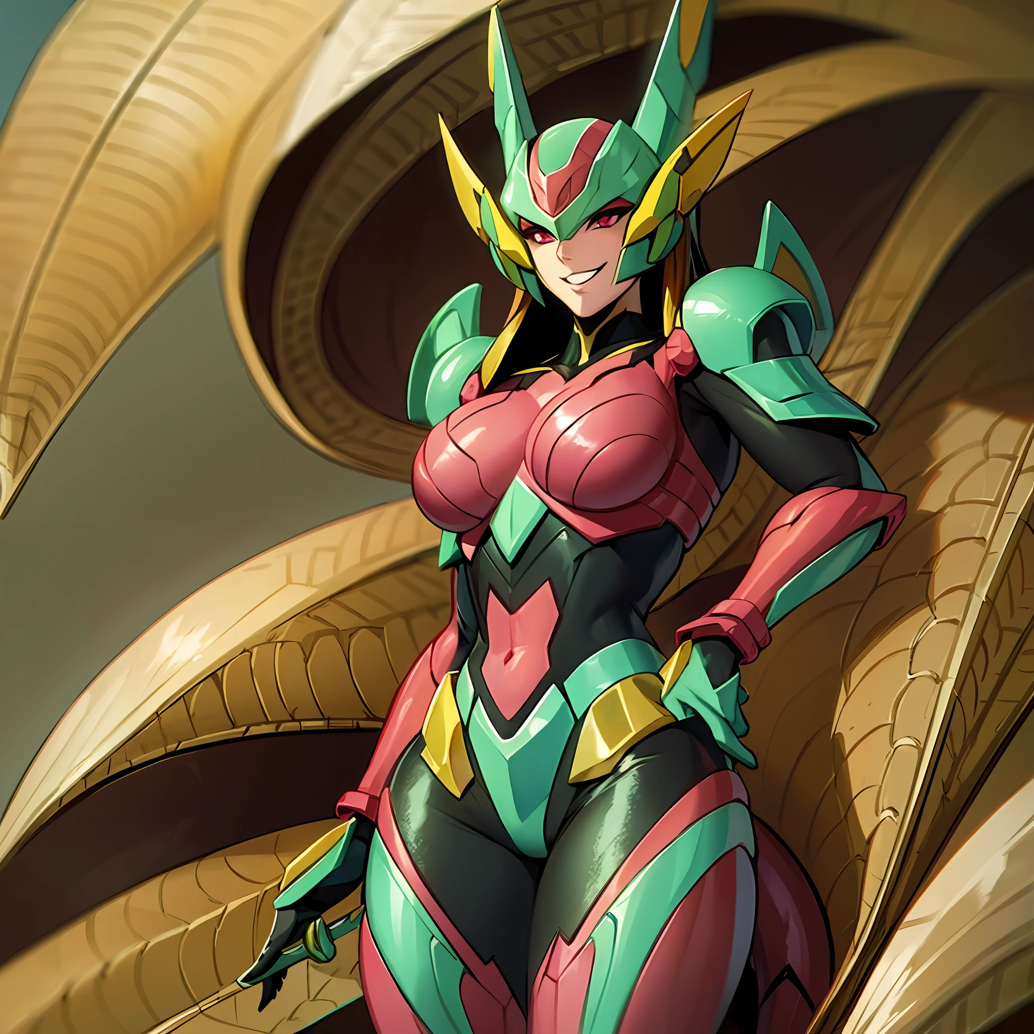 Hot insect crustacean woman in shell, Guyver style, evil smile, scaraber reploid, tail, cel shade adult animation, metroid suit