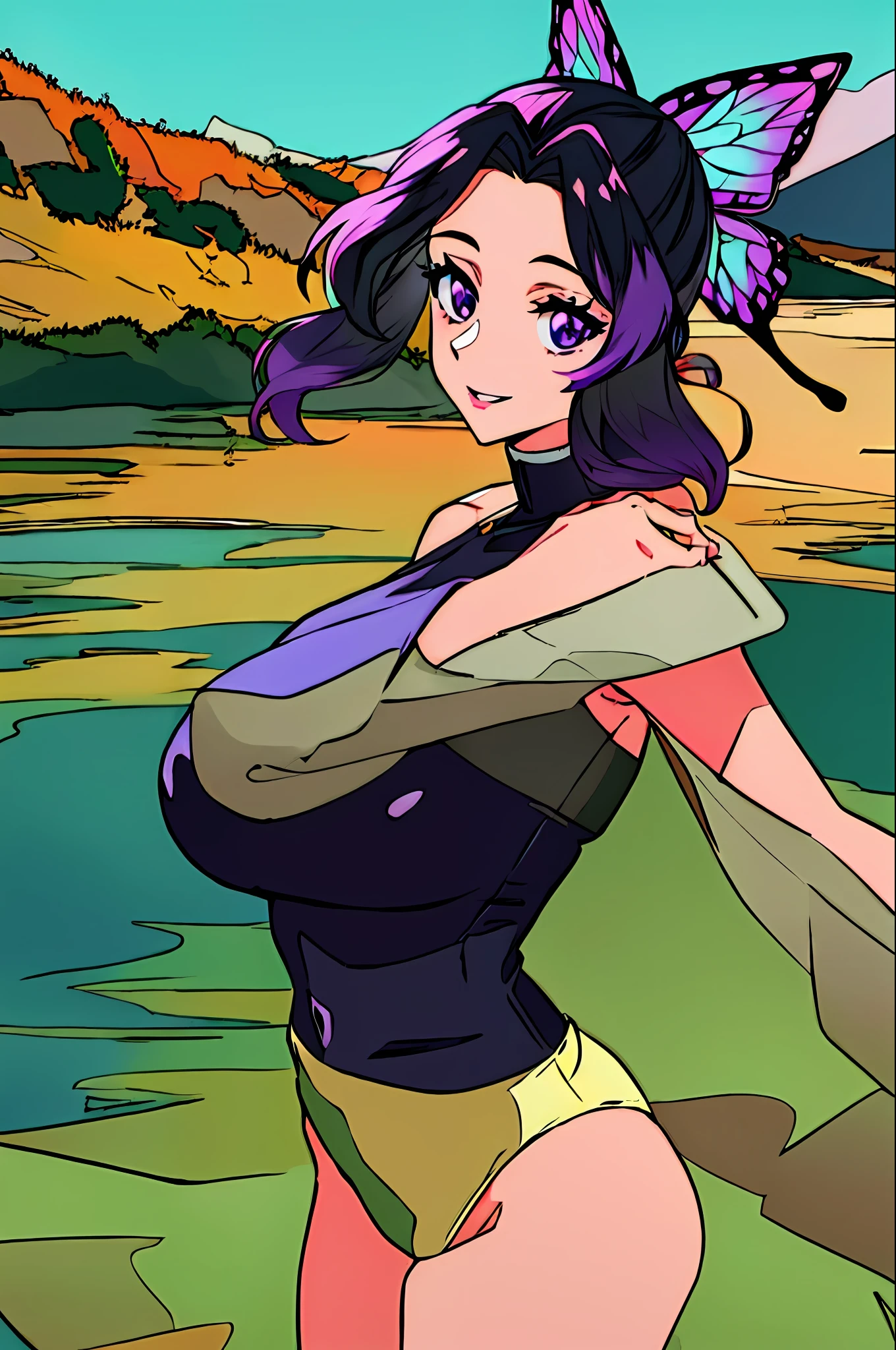 Masterpiece, best_quality, Super Detail,flat_color, limited_palette, high_contrast, (Ligne Clair),(1 Girl:1.2),Solo, kochou_shinobu, multicolored_hair, hair_intakes, purple_eyes, Forehead, black_shirt, upper_ body, landscape, (smile:0.5), real, realistic_lips, shiny_hair, shiny_skin, ???????????, riverside, swimsuit,