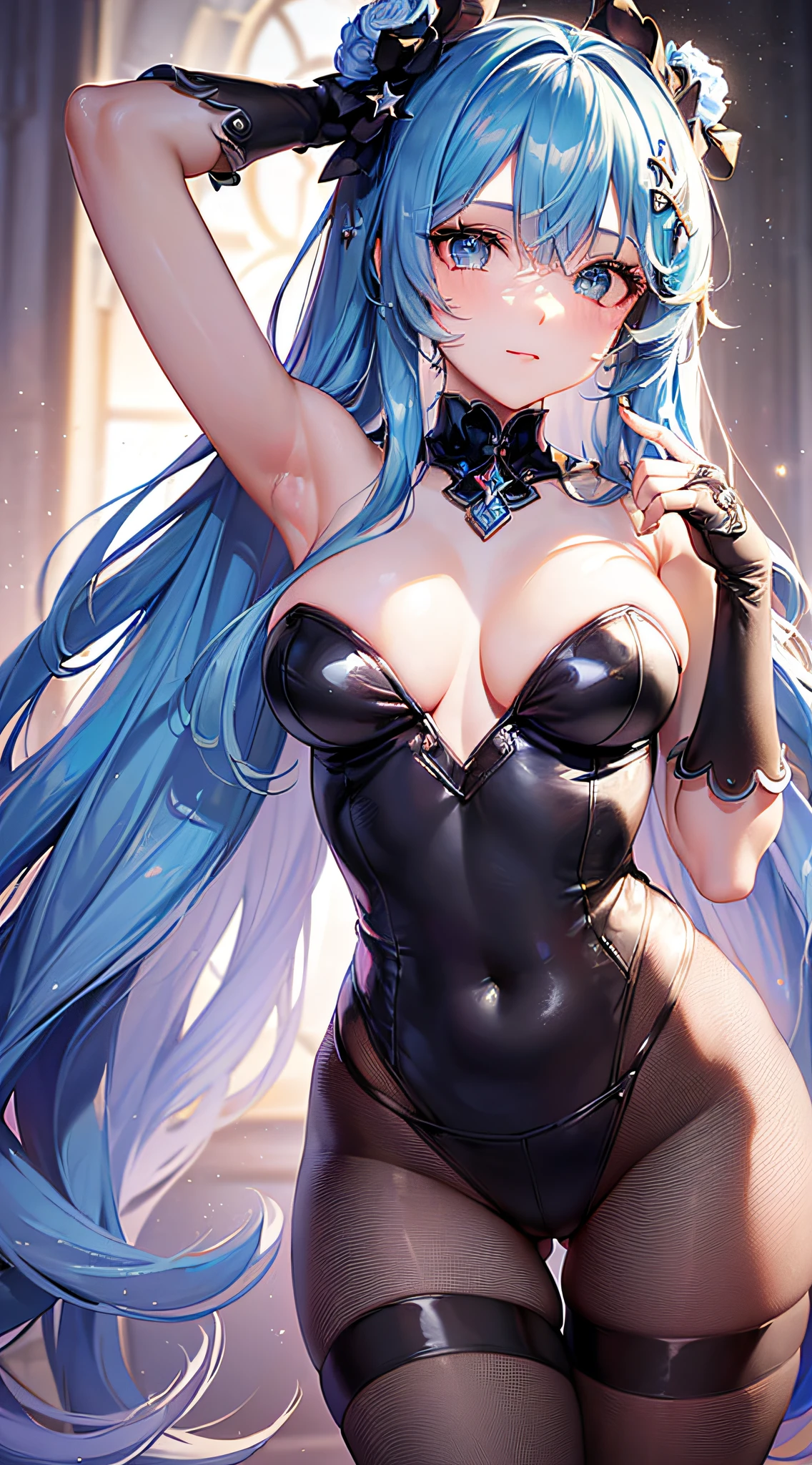 (((Obra maestra))), hatsune miku, vocaloid, Super detailed, (flirtatious expression), (leotardo rosa), guantes rosas, pantyhose, ((cara super linda y tierna)), ((cara angelical)), ((Incredibly beautiful eyes, (ojos luminosos), (cuerpo completo), (cabello luminoso), Super sexy hair, cabello multicolor, (Delicate and perfect tricks), (Perfect anatomy), Super delicate and sexy body, pose sexy, (Super thin face), Delicate features, ultra detalladas, mejor calidad, Cinematic lighting, belleza cautivadora, mirada sexy, bonito fondo de estrellas