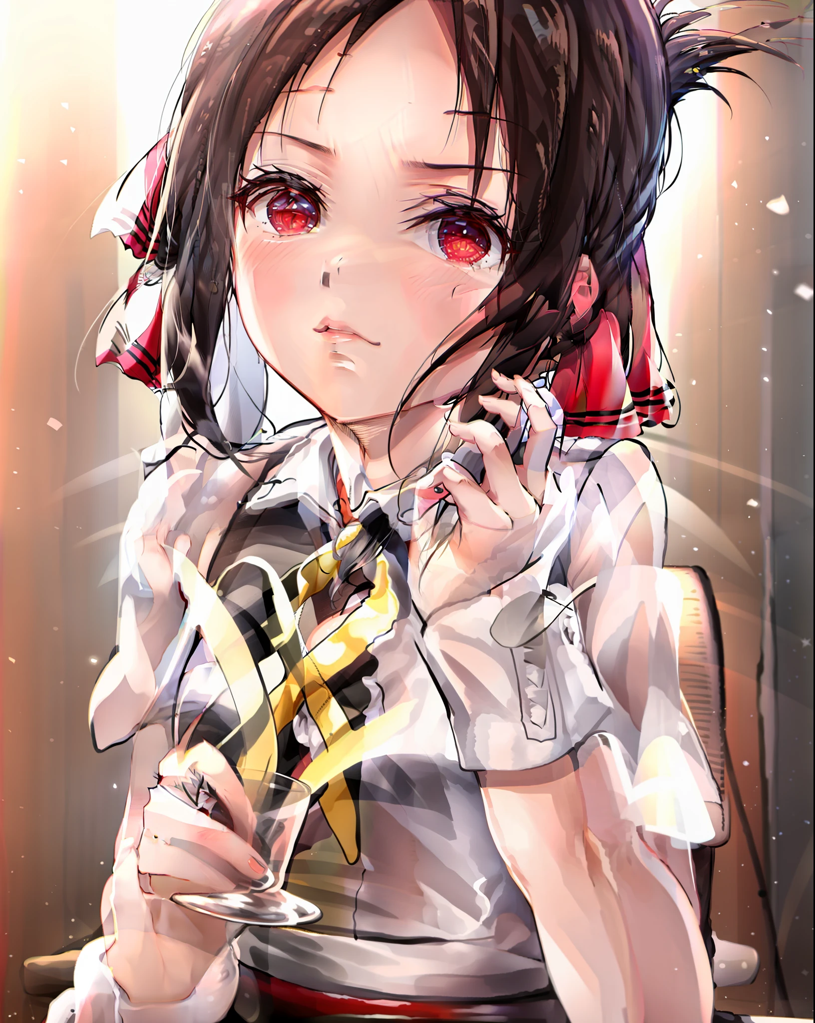best quality,highly detailed,masterpiece,ultra-detailed,solo,1girl,white background,delicate eyes,(playboy bunny:1.2),shinomiya_kaguya, red_ribbon,black_hair,folded_ponytail, hair_ribbon,deep red eyess,bangs,black_dress,eyebrows_visible_through_hair, sidelocks,bare forehead,expressionless, sitting, caustics, upper body,