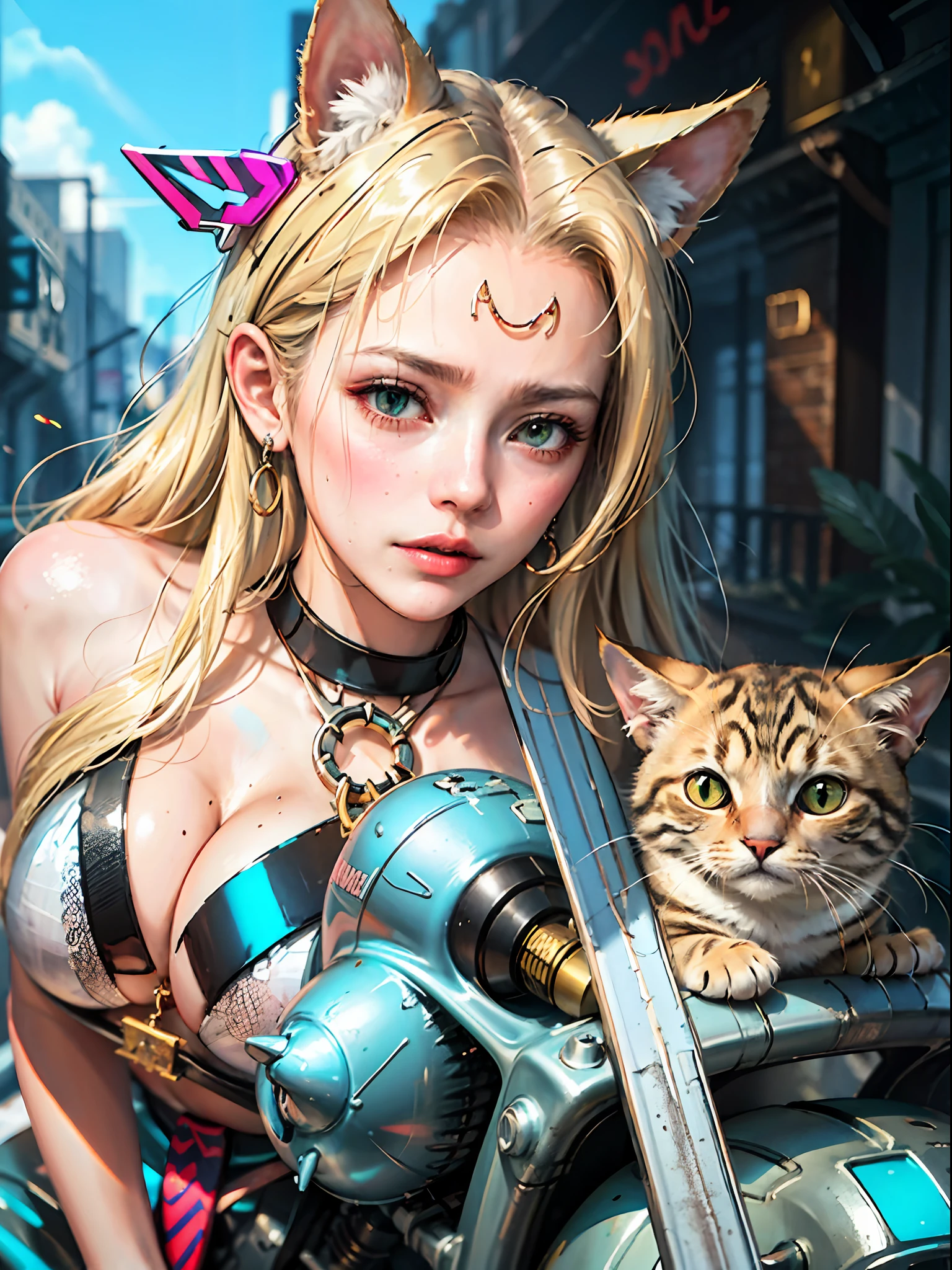 Cyberpunk cat on motorcycle, inkpunk Lite768, f/1.4, close-up film photography, portrait of a woman, reddish brown long, cyan eyes, traditional jewelry, elegant pose, atmospheric lighting, film composition, details, spring