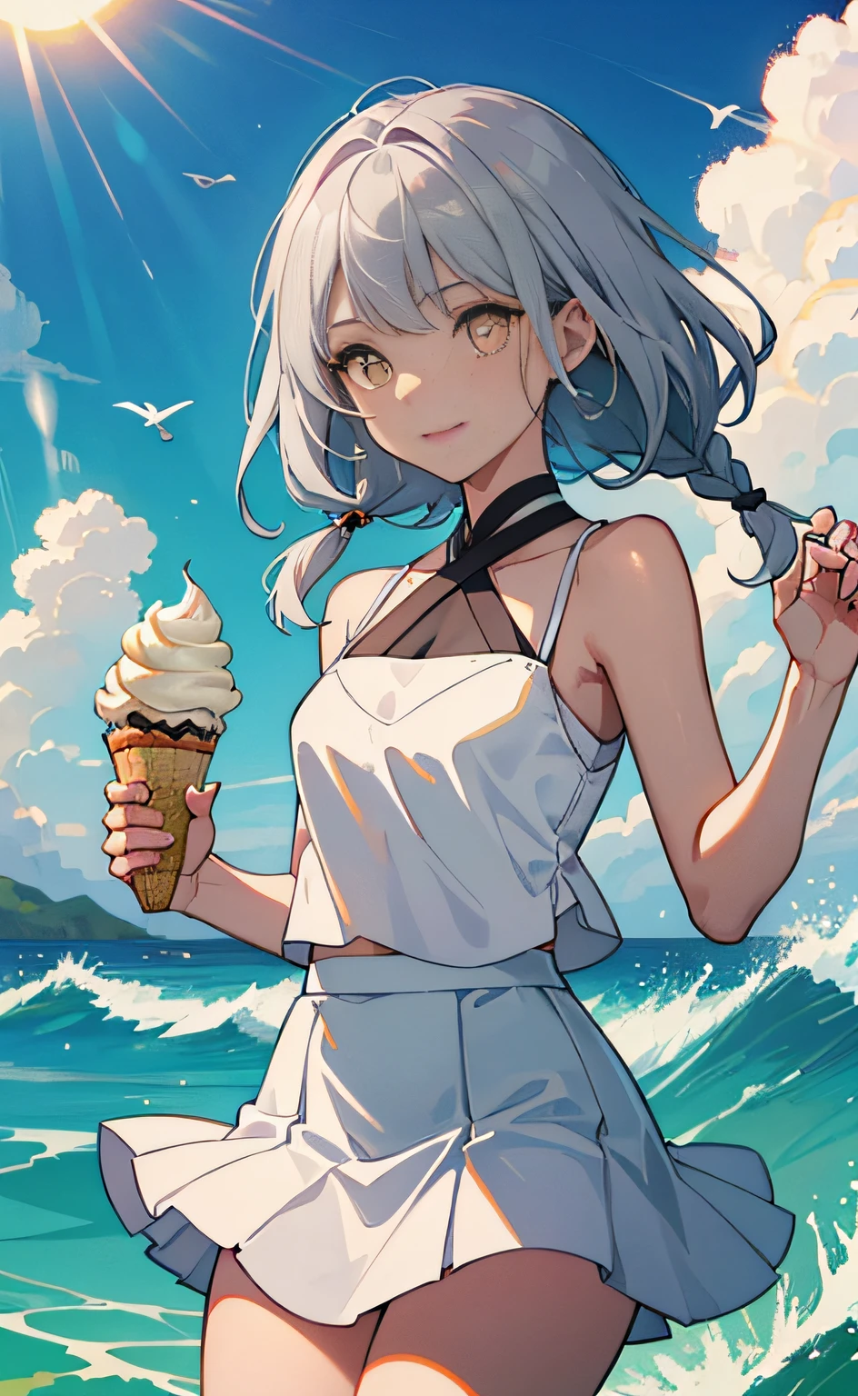 8K,best quaity,Masterpieces,1 cute girl ,Brown pupils,Silvery-white hair color,Qi bangs,Small braids,Cute pear swirl,Simple goose yellow halterneck skirt,White sleeveless camisole vest,Goose yellow skirt,Lovely skirt,Slender figure,Cute accessories,Azure sea background,The sun shines on people,sea wave,ice cream,Welcoming summer atmosphere,relaxed,colourful,Normal hands,Normal fingers
