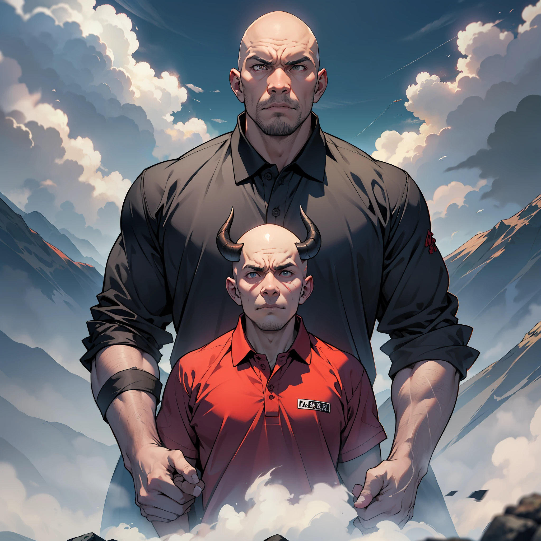 Bald Asian Man、50 generations、Looking hot in a polo shirt、Fighting Pose、A huge demon is staring at us in the mountains in the distance、Terrifying sight、Cloudy sky covers the sky、Feeling anxious in a disturbing atmosphere、Uncertain about the future、Very depressing air