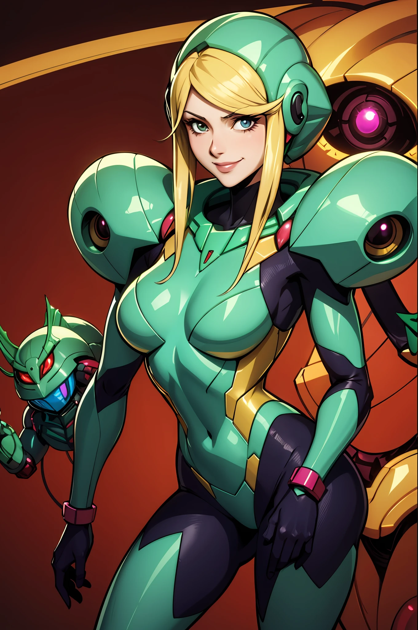 Metroid suit, woman in hot insect shell, guyver style, bewitching, evil smile, scaraber reploid, cel shade adult animation,