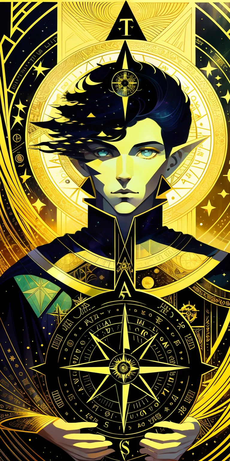An asymmetrical   tarot512 
with the illustration 
of a   [ young man | slim | adventurous | beautiful ]
[ sailor | god | Cartographer ] compass and sextant as sacred symbol
, A  [ Kay Nielsen's | Anne Bachelier's ]   Exouds-Style masterpiece 
in style-rustmagic CCDDA  artstyle