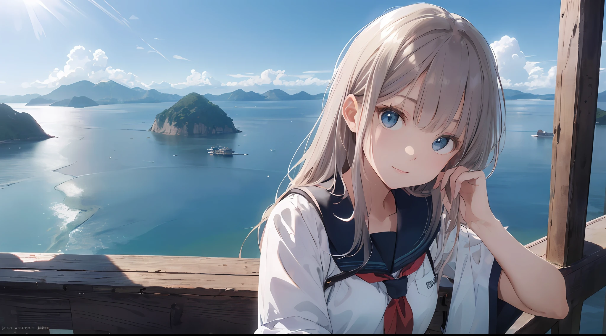 (best-quality:1.5)、(super-detailed:1.5)、(Highest quality photos:1.5)、Japan schoolgirl、Very cute、seaside、horizon、Summer sky、Islands in the Seto Inland Sea、solo、Beautiful girl staring at the horizon、boredom、