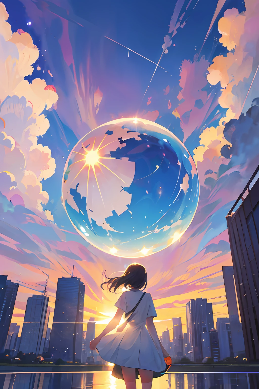 soap bubble is floating, and the world seen through the soap bubble appears to be the opposite of heaven and earth, turned upside down.You can see the sun shining in the beautiful sky like Makoto Shinkai. Buildings stand in a row, shimmering with light hitting and reflecting off them.