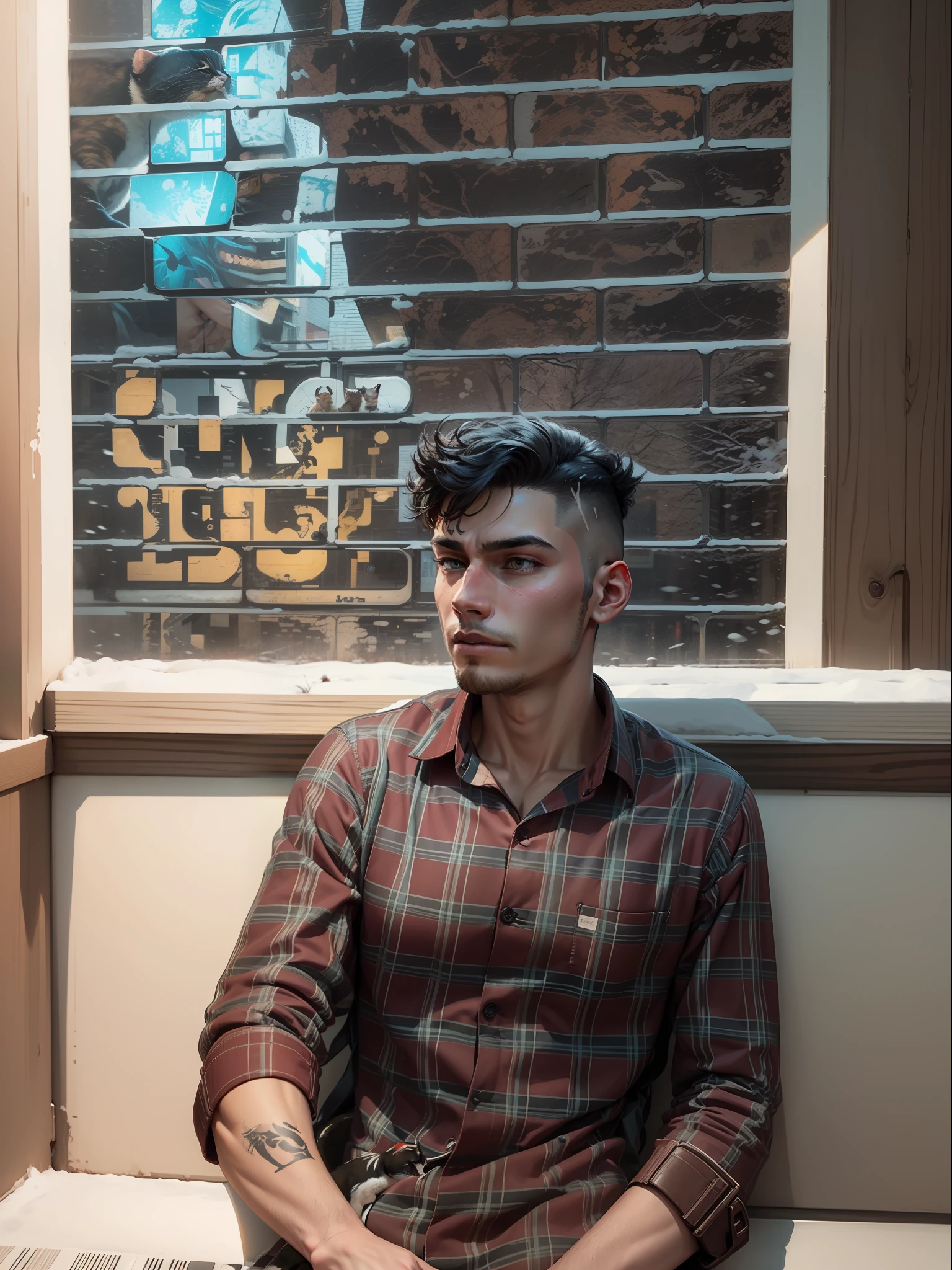 Change background,snow, cyberpunk handsome boy, realistic face,with cat,tatoo,sun,8k