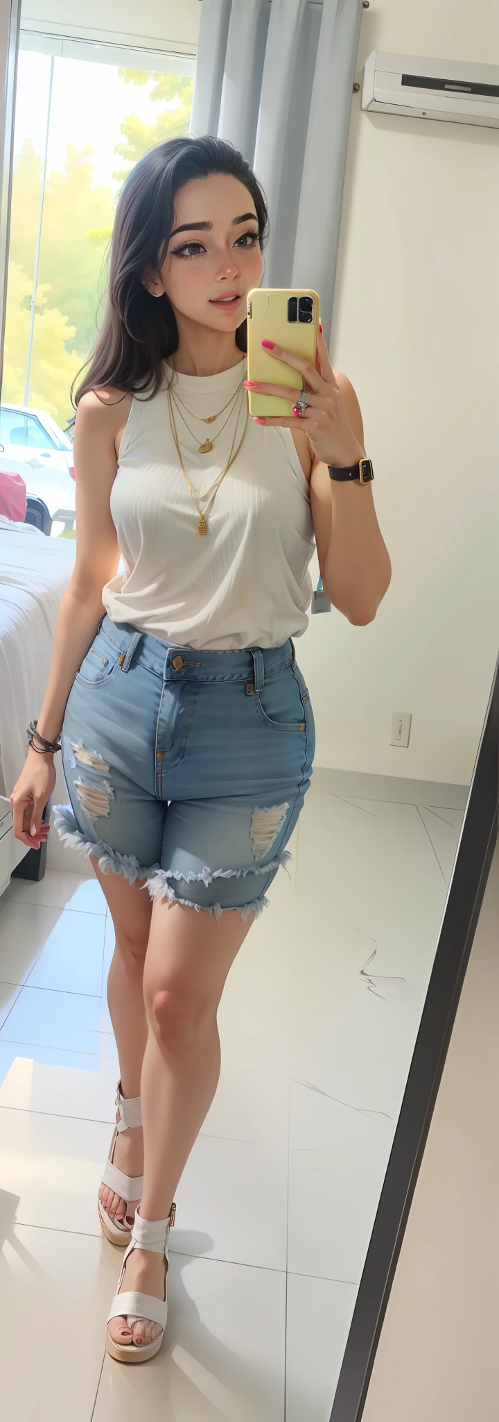 there is a woman taking a selfie in a mirror, mini skirt jeans, short jeans, Saia Curta, minissaia, mini saia, olhar bonito, minissaia curta, Jeans, mini-saia, saia curta bonita, Topo de colheita, blue jeans, muito realista, barriga, Denim, Detalhe perfeito, muito realista, Forma perfeita, hot-pants jeans