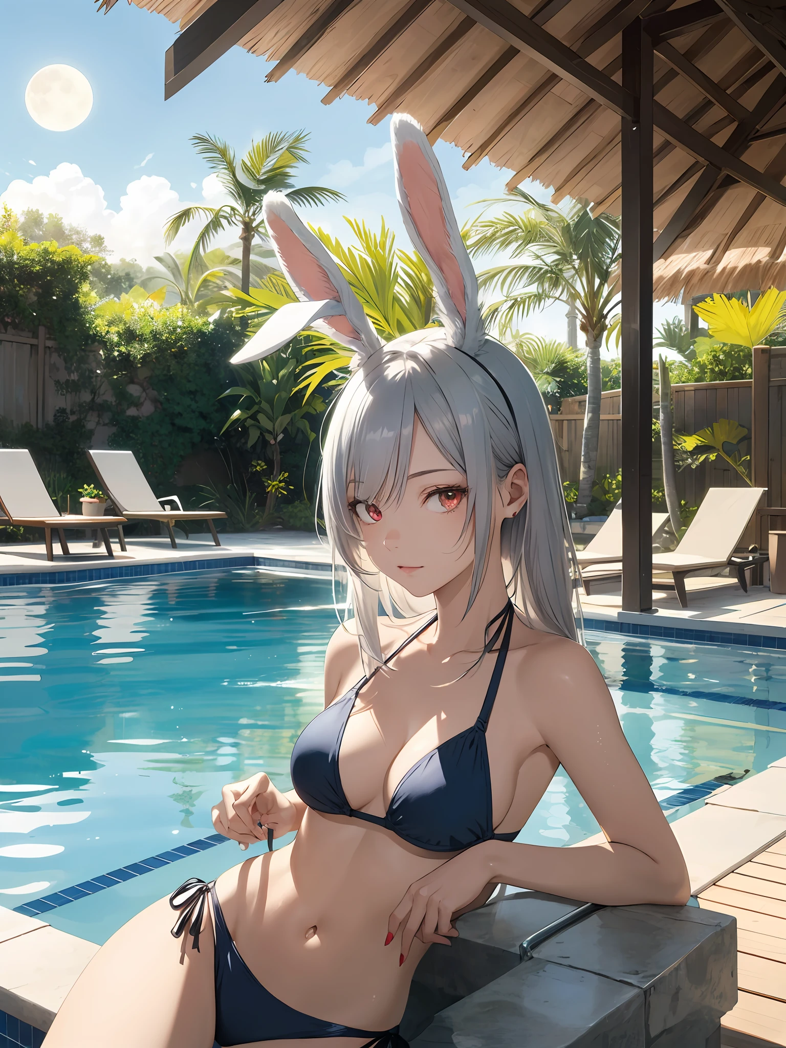 illustration style, cute girl, silver hair red-eyed rabbit ears, bikini swimsuit, eye cover, one eye hidden by hair, solo, rabbit ears, rabbit ears, long hair, red eyes, red eyes, morning moon, leisurely, sunny morning sun, pool relaxation, gaming pool, inflatable float, carefree atmosphere, refreshing water, friendly, bikini swimsuit, boy body, refreshing water, gentle morning crest, comfortable, relaxing, tropical palm trees, sunrise, lazy morning, quiet oasis Eye Cover, Eye Cover, Japan, Japanese style