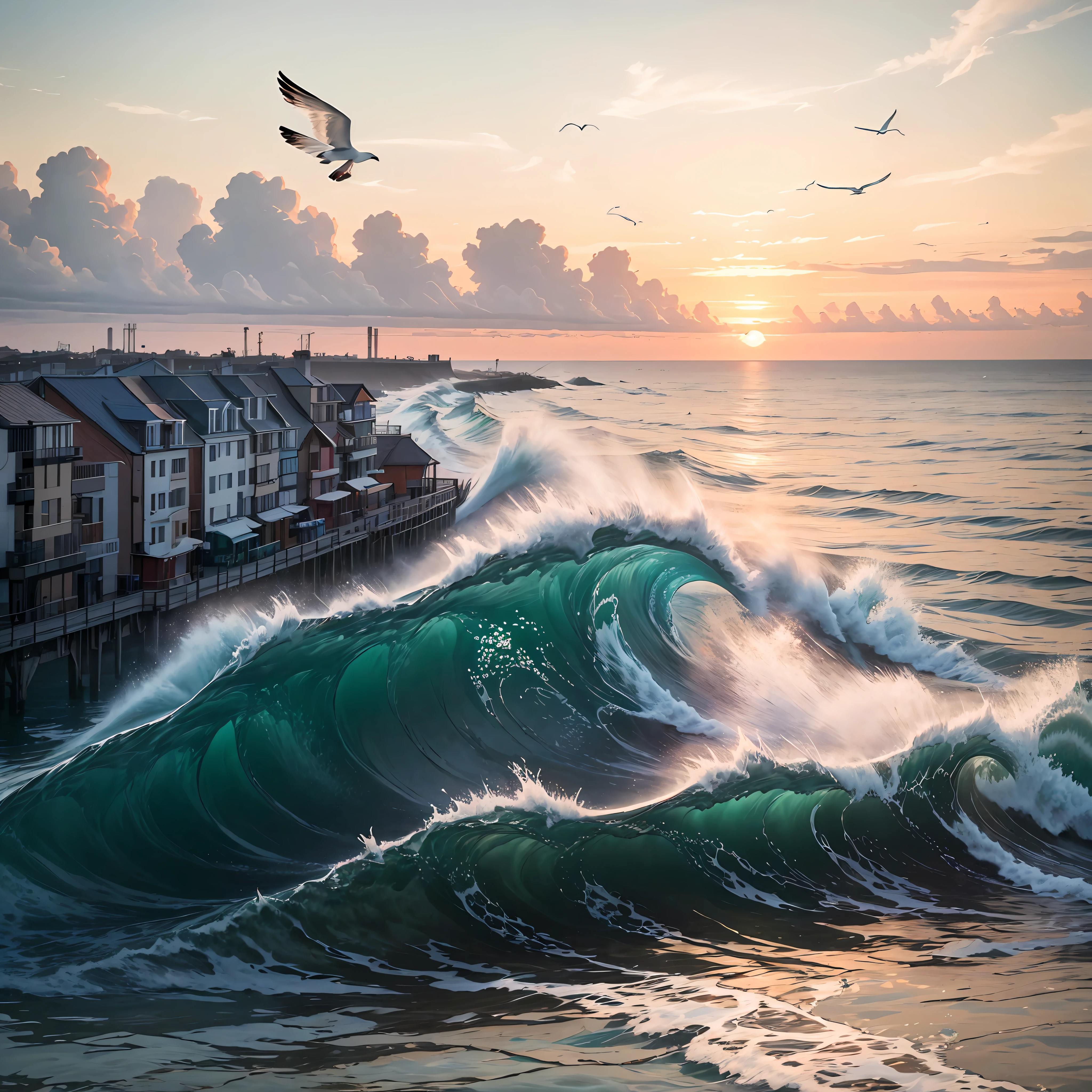 ocean,Seagulls in the sky,dusk,clouds,The golden sun rises in the distance,Waves of water,seagull,Modern tall house in the distance --auto