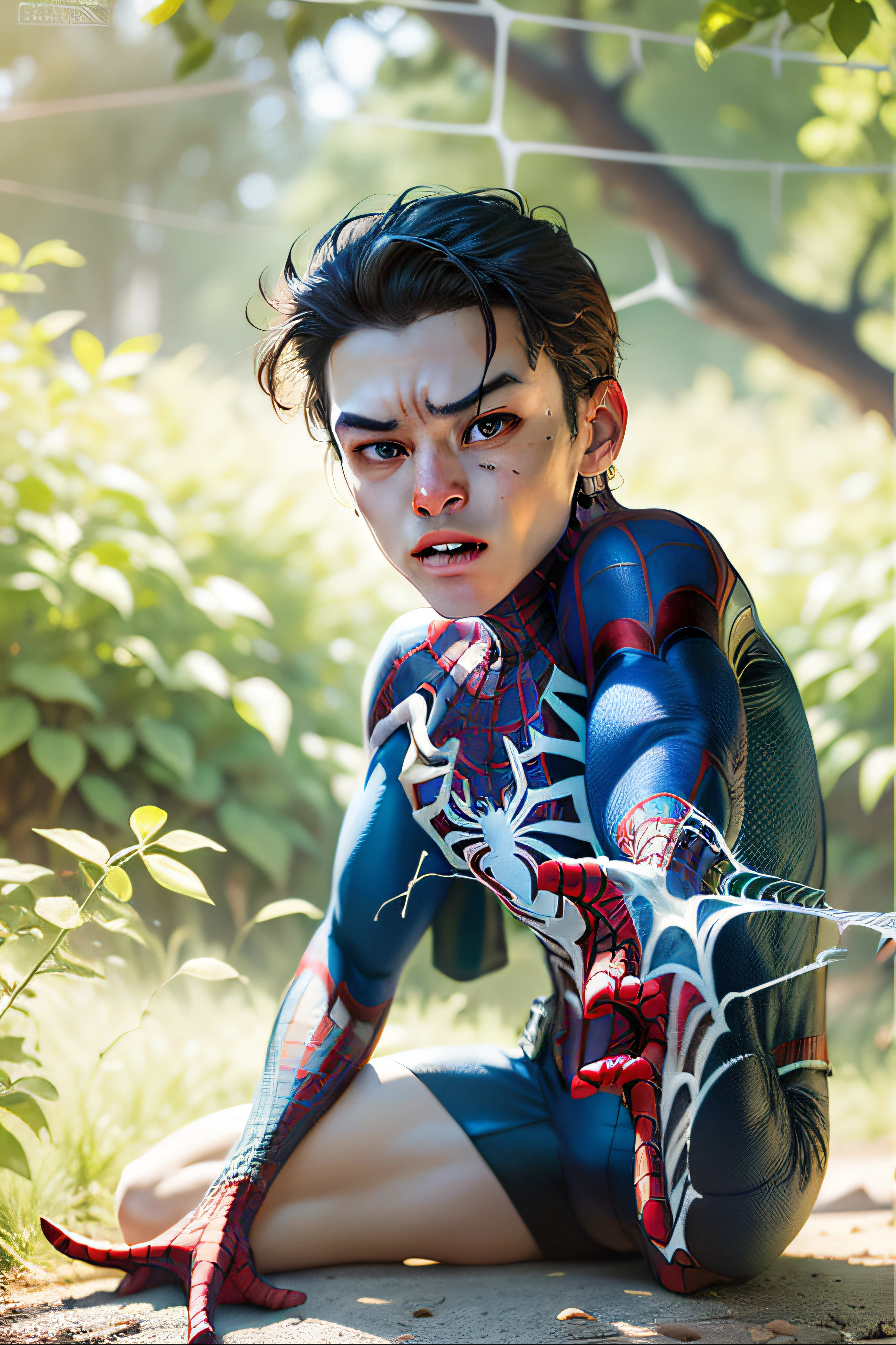 (((spiderman chico))), (((cuerpo entero))),((Throwing spider web through his fingers)), realista, con detalles, saltando por los tejados, traje entero de spiderman, dos brazos, dos piernas, spider web