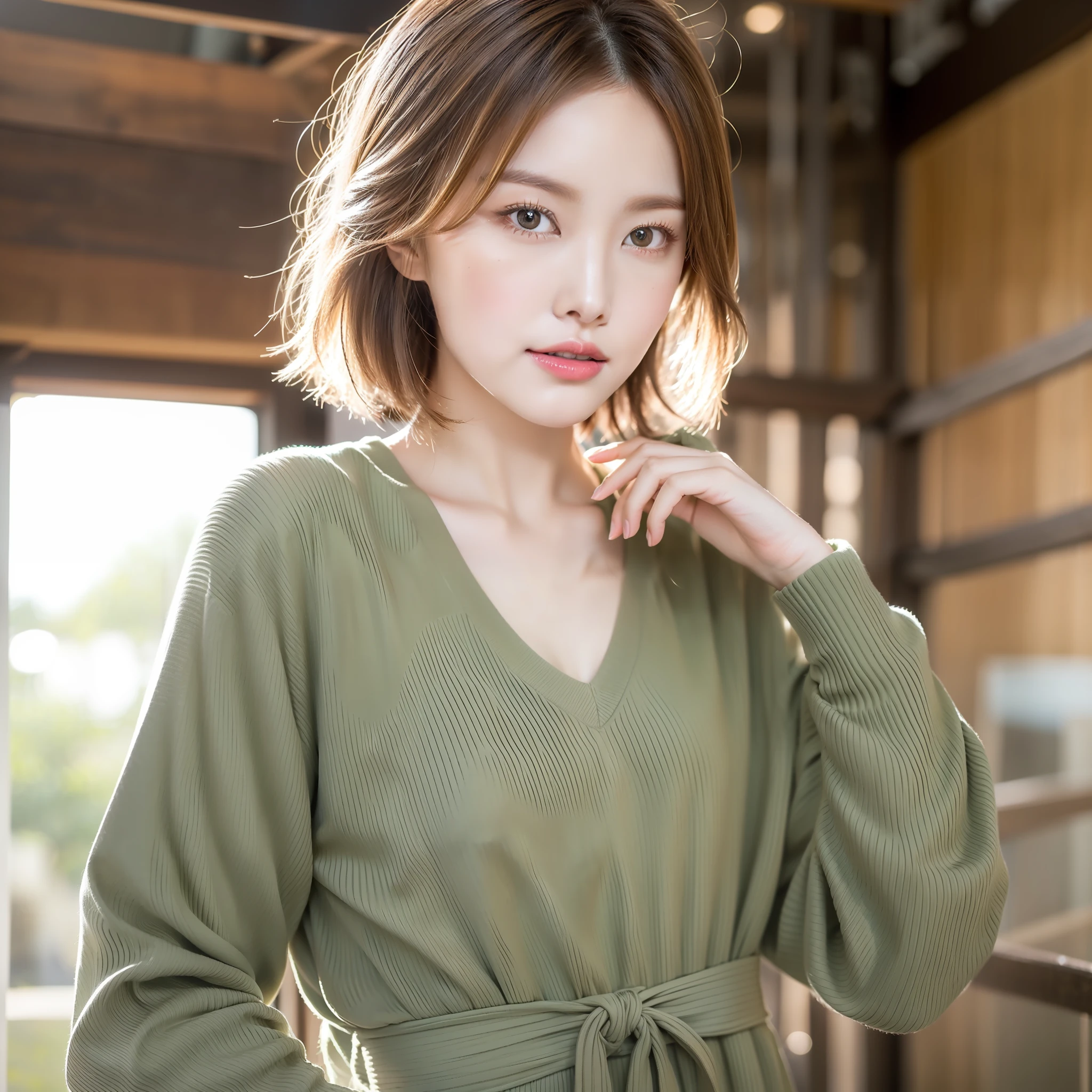 This project envisions shooting in a cute wood-like studio in bright summer morning to midday light. Create highly elaborate CG Unity 8K wallpapers modeled after a beautiful-looking 30-something actress with a realistic, lifelike and ultra-detailed finish with a hairstyle and fashion style that matches the trends of 2023. The model is slender, cute, and mature. Her distinctive feature is a straight bob style that matches the trends of 2023, and she has a trendy hair color that is somewhat bright and soft. Shooting takes place indoors with natural light, so be sure to shoot in a way that feels soft. The skin quality of the model is delicate, and you should pay attention to the fine details and softness of the hair. The studio set should be inspired by healing, reflecting fashionable elements while also creating a summer atmosphere. Camera angles should be from the waist up. The model's hair color should be slightly light and soft, and the makeup should emphasize bright lips and eye-catching mascara, with a natural and light styling. For fashion style, choose rough outfits that match the trends of summer 2023. While imagining the brightness of summer, make the color pale pastel and express a cute style. The final image should be shot in a studio in bright summer light, and try to create a refreshing and summery atmosphere.