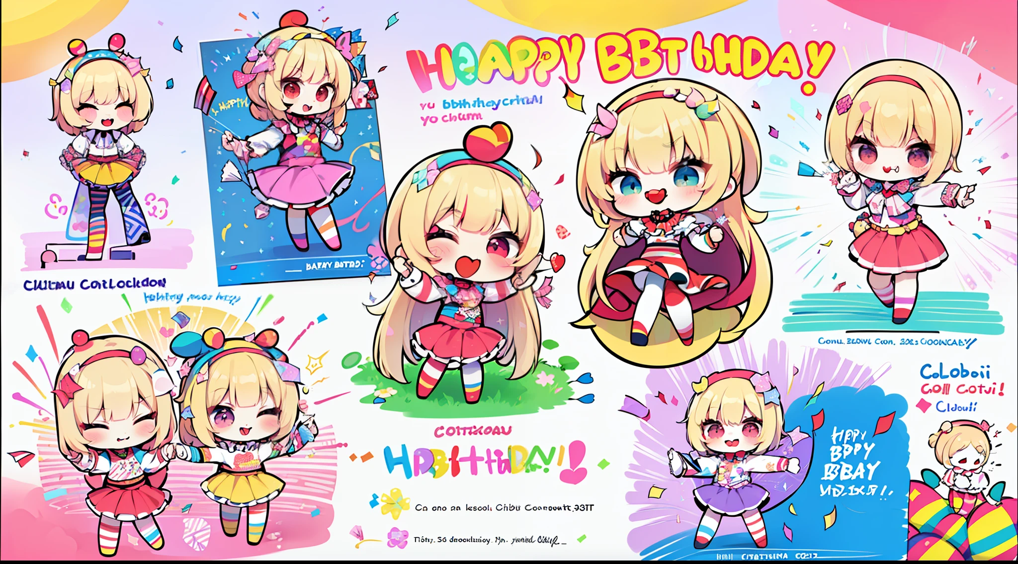 (((chibi))) poster, happy birthay poster (((happy birthay poster, text saying "happy birthay)) ((((chibi clown dancing)))) (((((confeti)))))