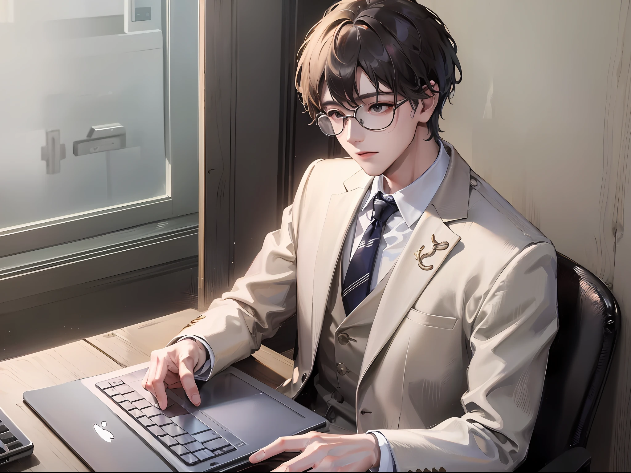 (HD, ultra-fine CG picture, best picture quality, fidelity), (best light and shadow effect, Very Delicate and Beautiful), study, white desk, young man with glasses, white suit, tie, premium laptop, bright background lighting, entrance and exit doors, plenty of bright light.