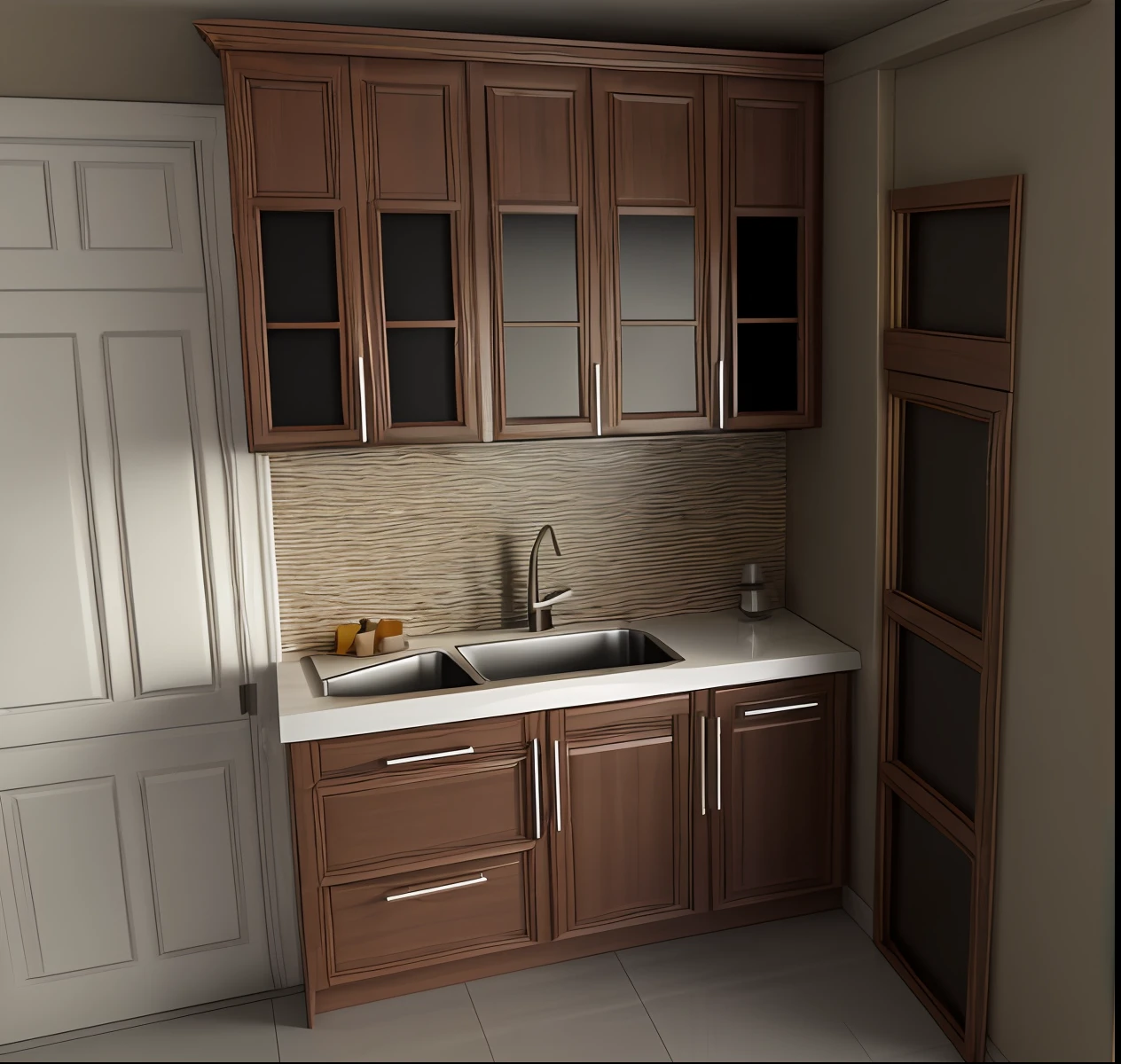 a rendering of a modern classic kitchen with a sink, stove, cabinets and altar , small kitchen, a metal frame glass door in the right of the kitchen ,cad, 3 d design, 3d design, kitchen, sketch - up, 3 d rendering, 3d rendering, orthographic 3d rendering, 3d product, 3 d highly detailed, 3d highly detailed, with 3 d render, with 3d render, blender
