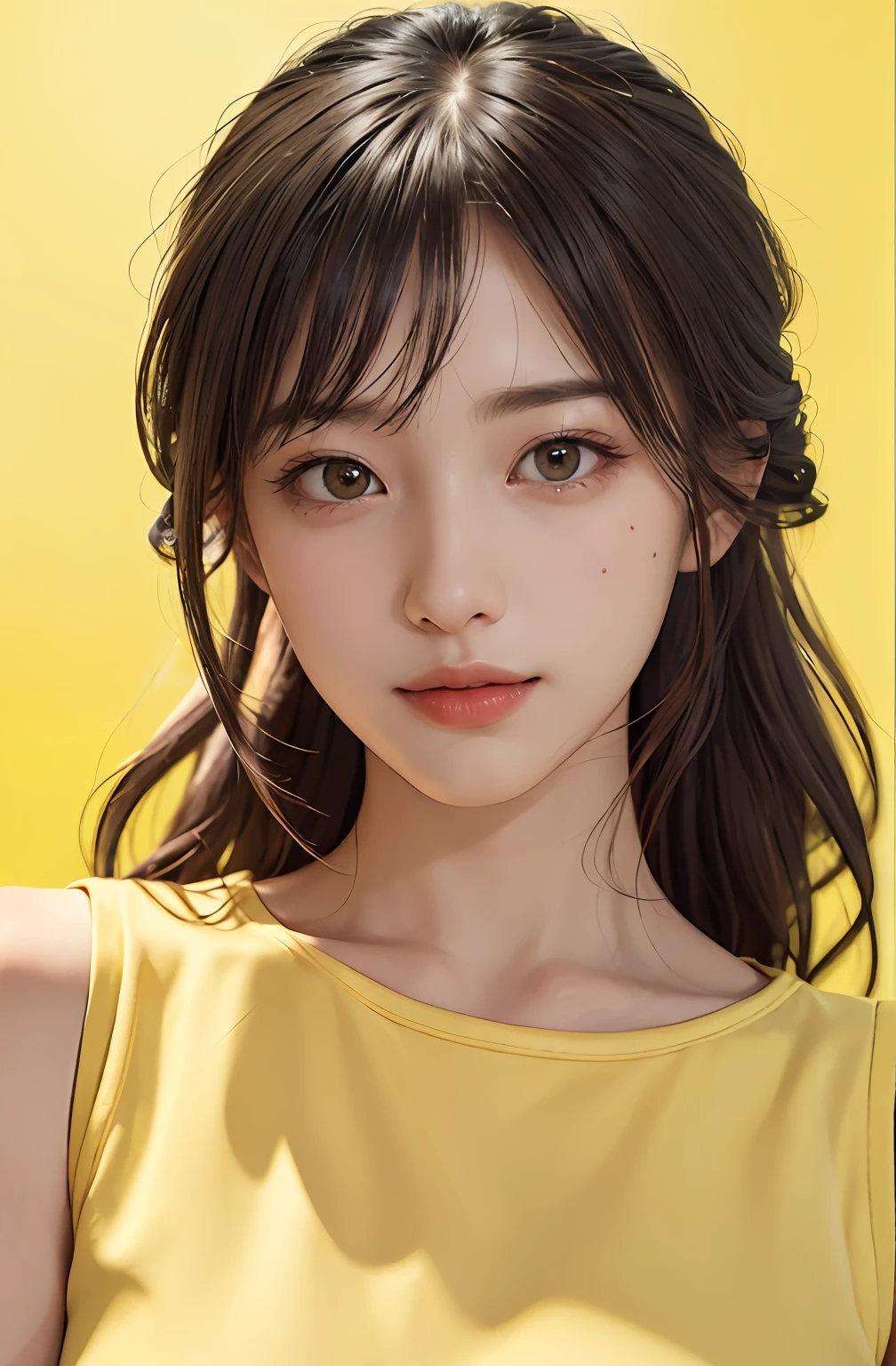masterpiece, best quality, 8k, absurdres, (upper body:1.4), white shirt, beautiful girl, pretty face, looking at viewer, smile, ultra realistic, highres, photography, film grain, chromatic aberration, sharp focus, HDR, facelight, dynamic lighting, cinematic lighting, professional shadow, simple background, (dull yellow background:1.4), highest detailed, extreme detailed, ultra detailed, finely detail, real skin, delicate facial features, detailed face and eyes, sharp pupils, realistic pupils, (korean, japanese, chinese:0.3)