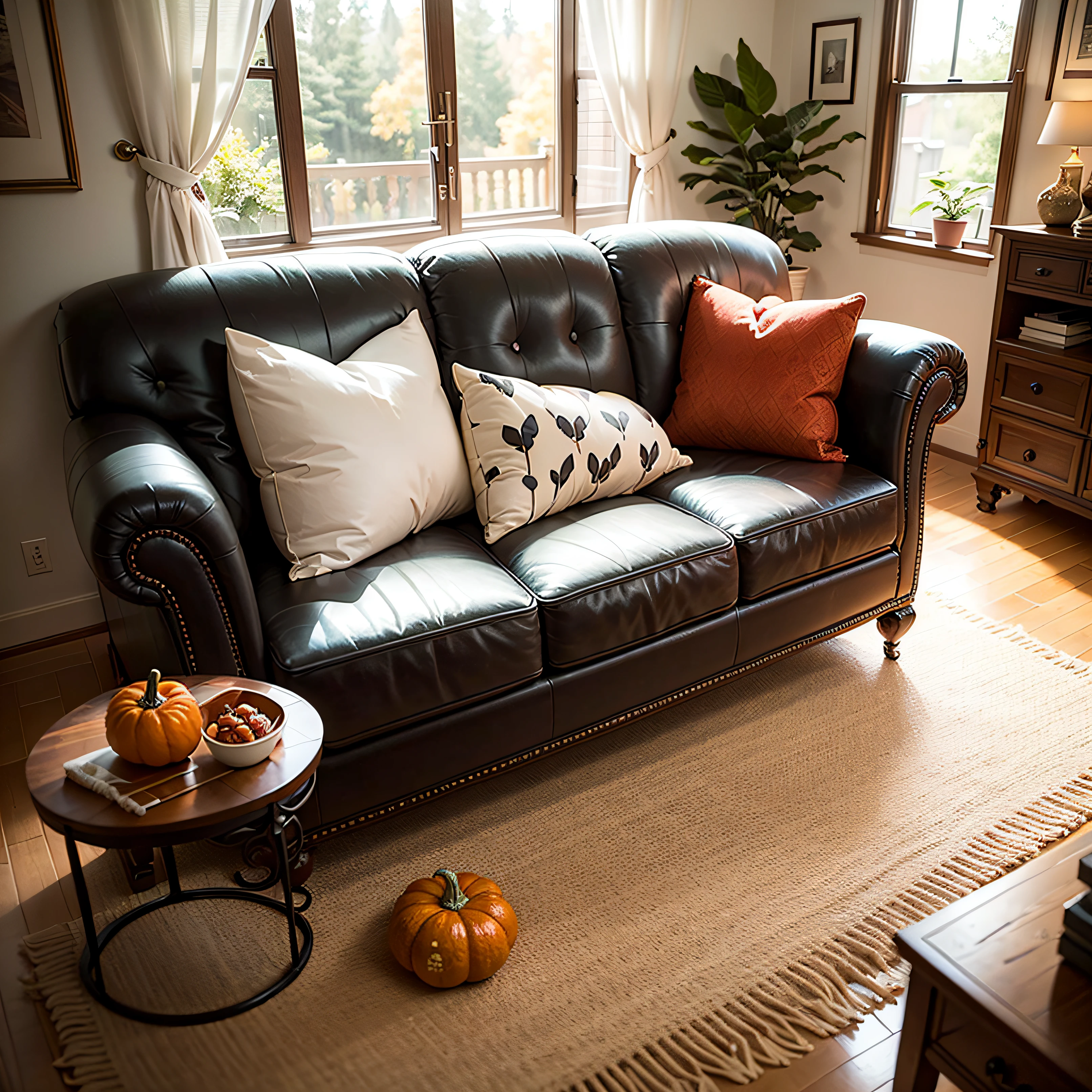 Single sofa side,Thanksgiving atmosphere,Thanksgiving decoration,pumpkin,Single sofa,Ground,Small sofa,On the floor at home --auto