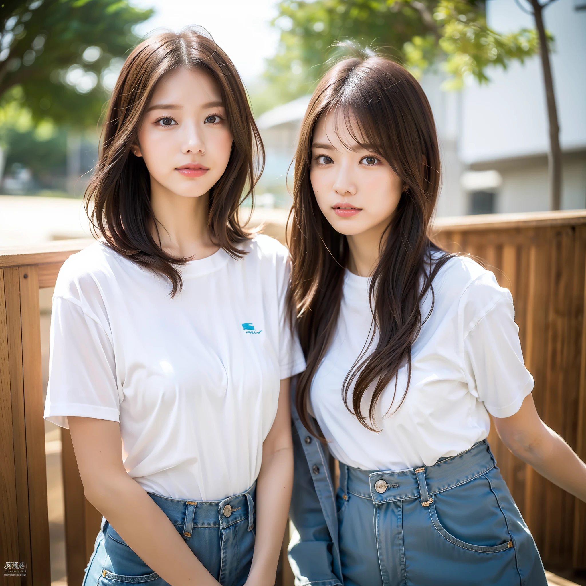 (8k, highest quality, masterpiece: 1.2), (hair_style), (realistic, photorealistic: 1.37), plump eyes, highest quality, masterpiece, in the summer sun, sky and sea background, shot on wooden deck, [small breasts], backlit, shooting from the waist up, camera angle from below, pose with hair raked up with hands, shot in natural light from morning to noon, Hairstyles and fashion styles that match the Japan trends of 2023, realistic, super detailed, 30s, actress, half Japanese and Russian half model, elaborate CG, slender, adorable, hairstyle matches the fashion of Japan in 2023 layer cut that flutters in the wind, delicate skin type, fine details and softness, model hair color is bright and soft, Choose a short-length T-shirt that matches the summer trends of 2023 and pair it with pale pastel colors for surf fashion.