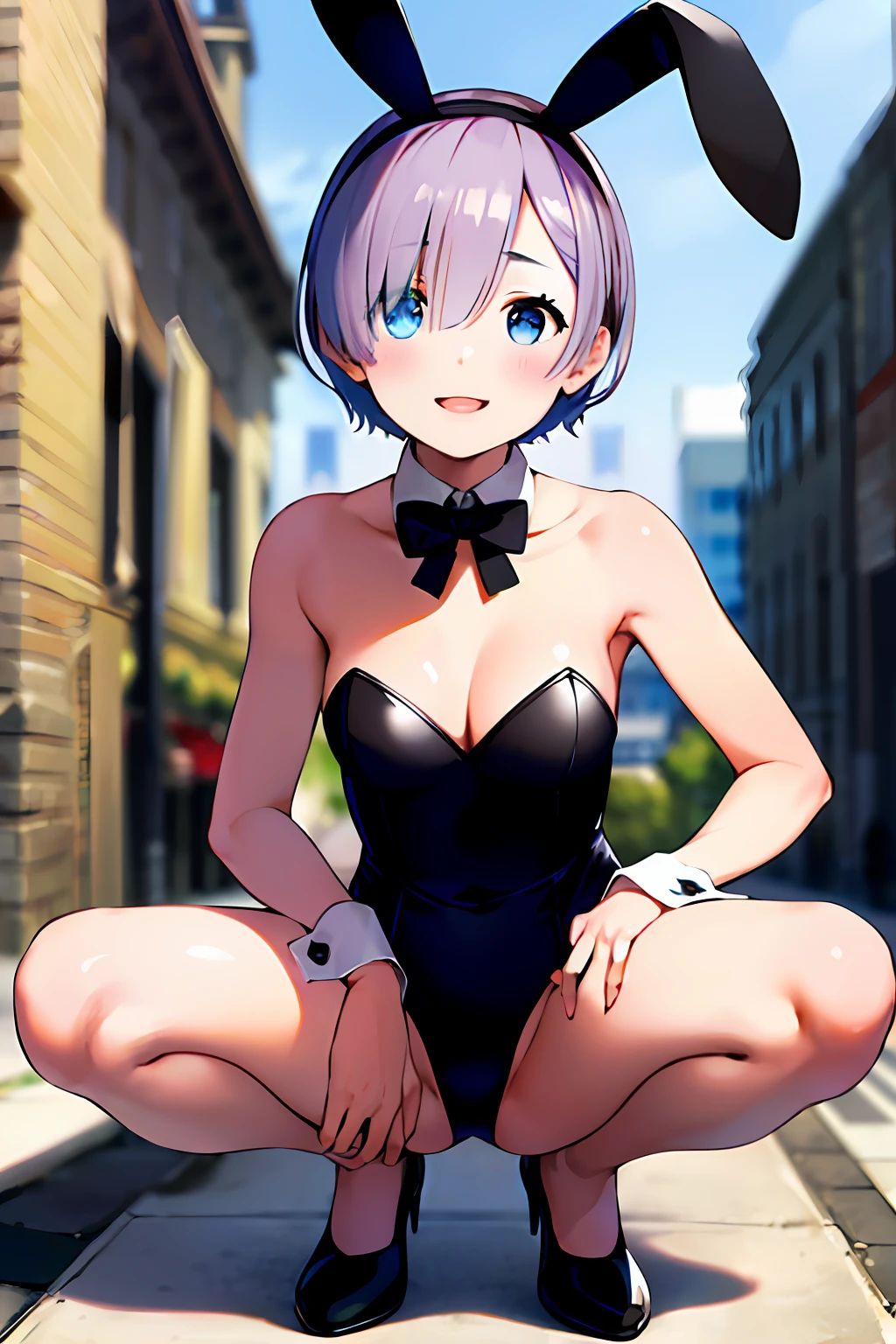 masterpiece, top quality, high-resolution, rem, solo, rabbit ears, playboy bunny, brown hair, headband, hair ribbon, short hair, medium,, hands on the hips, squatting, open legs, street, smile,