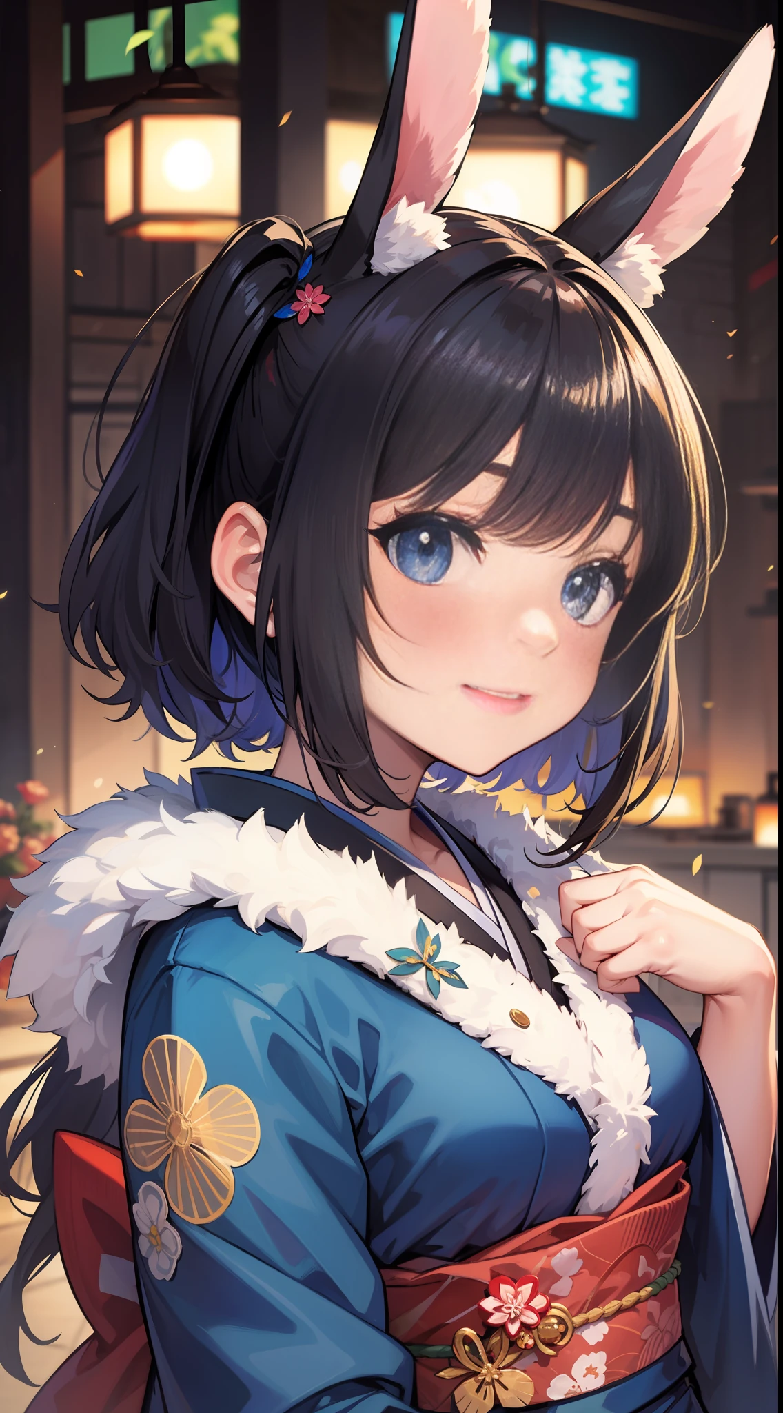 Rabbit　ears　juvenile　smilling face　Dark hair　Blue kimono