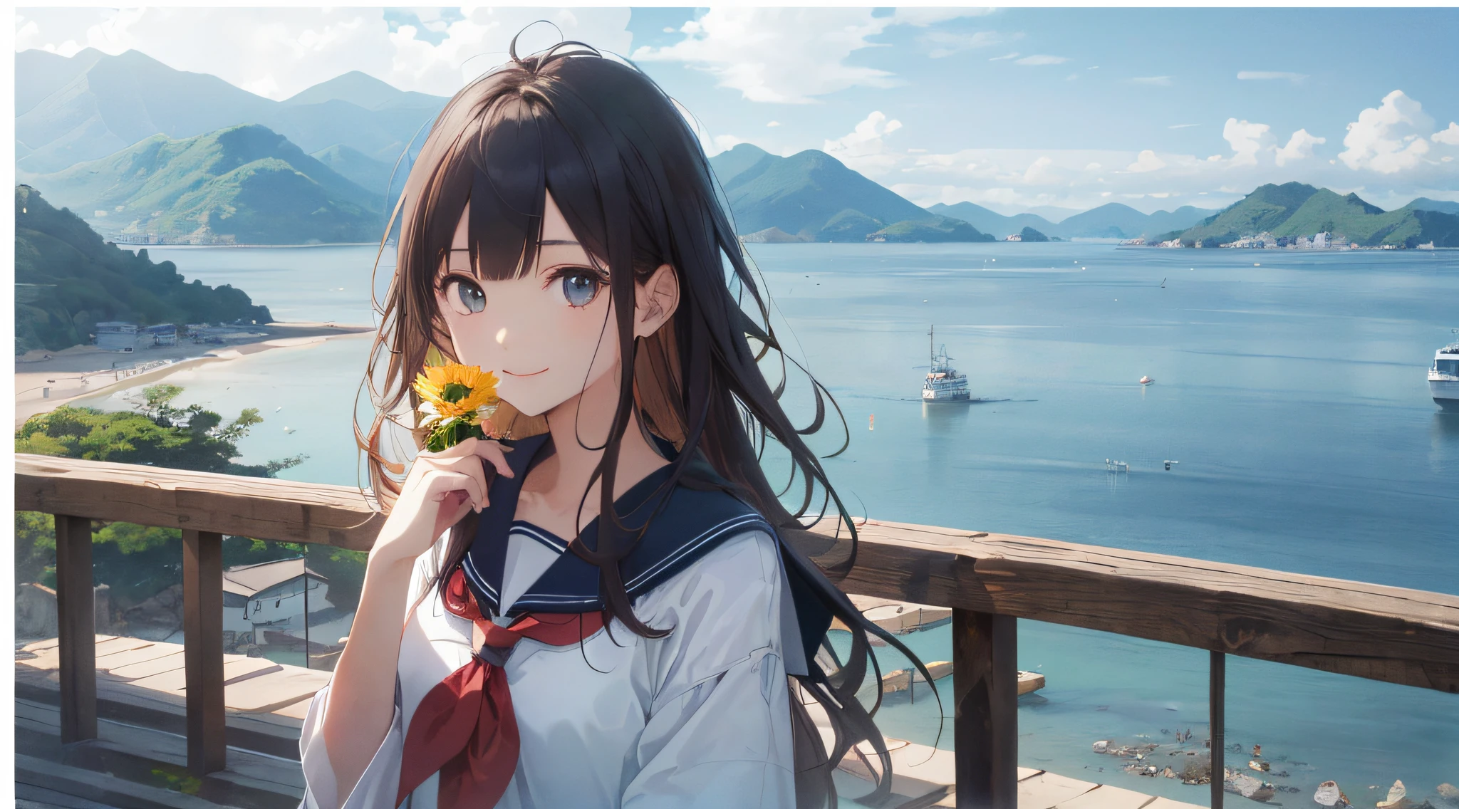 (best-quality:1.5)、(super-detailed:1.5)、(Highest quality photos:1.5)、Japan girl、Very cute、seaside、horizon、Summer sky、Beautiful scenery、Islands in the Seto Inland Sea、solo、Beautiful girl staring into the distance、Radiant smile、